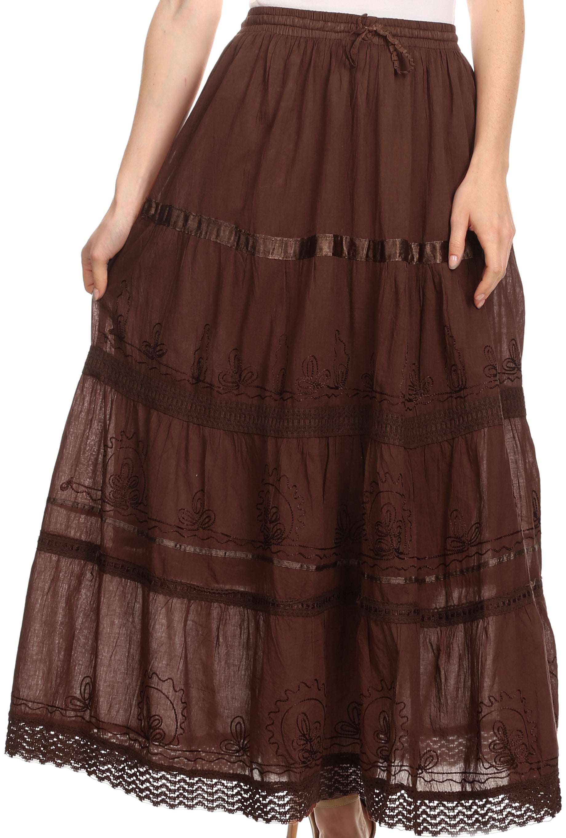 Sakkas - Solid Embroidered Gypsy Cotton Skirt