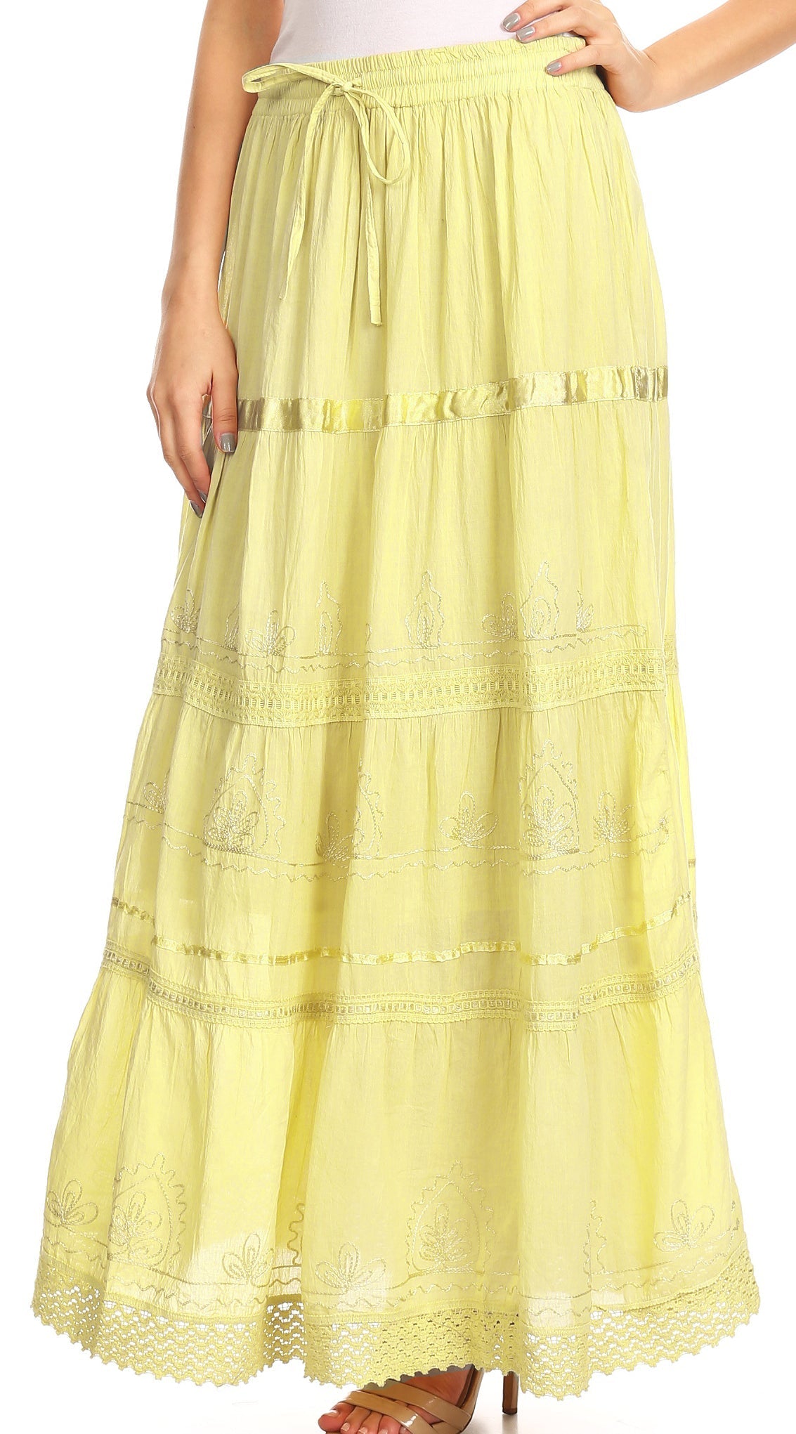 Sakkas - Solid Embroidered Gypsy Cotton Skirt