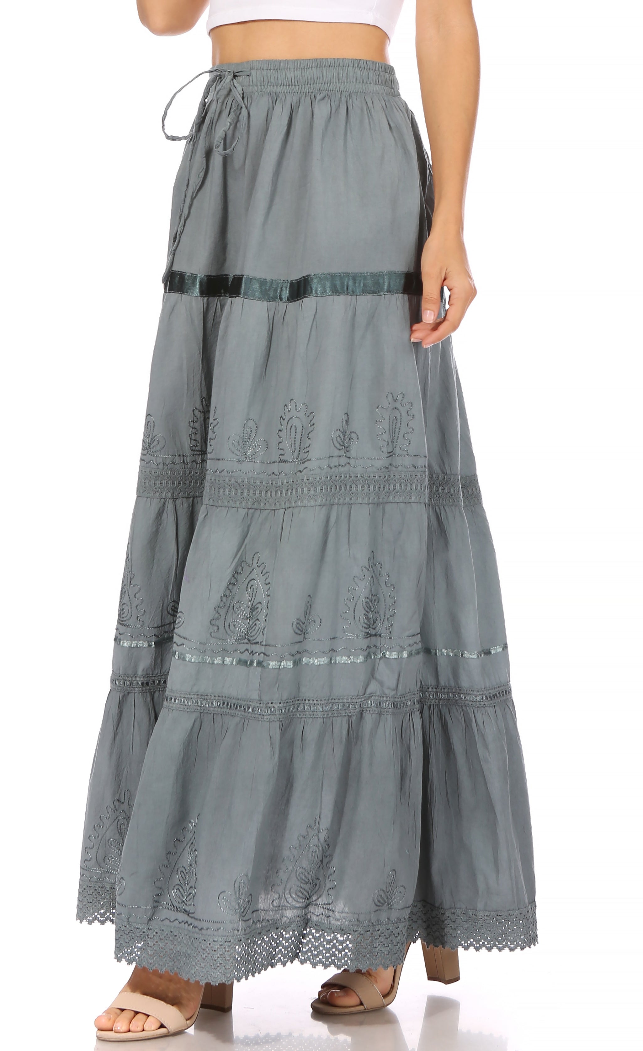 Sakkas - Solid Embroidered Gypsy Cotton Skirt