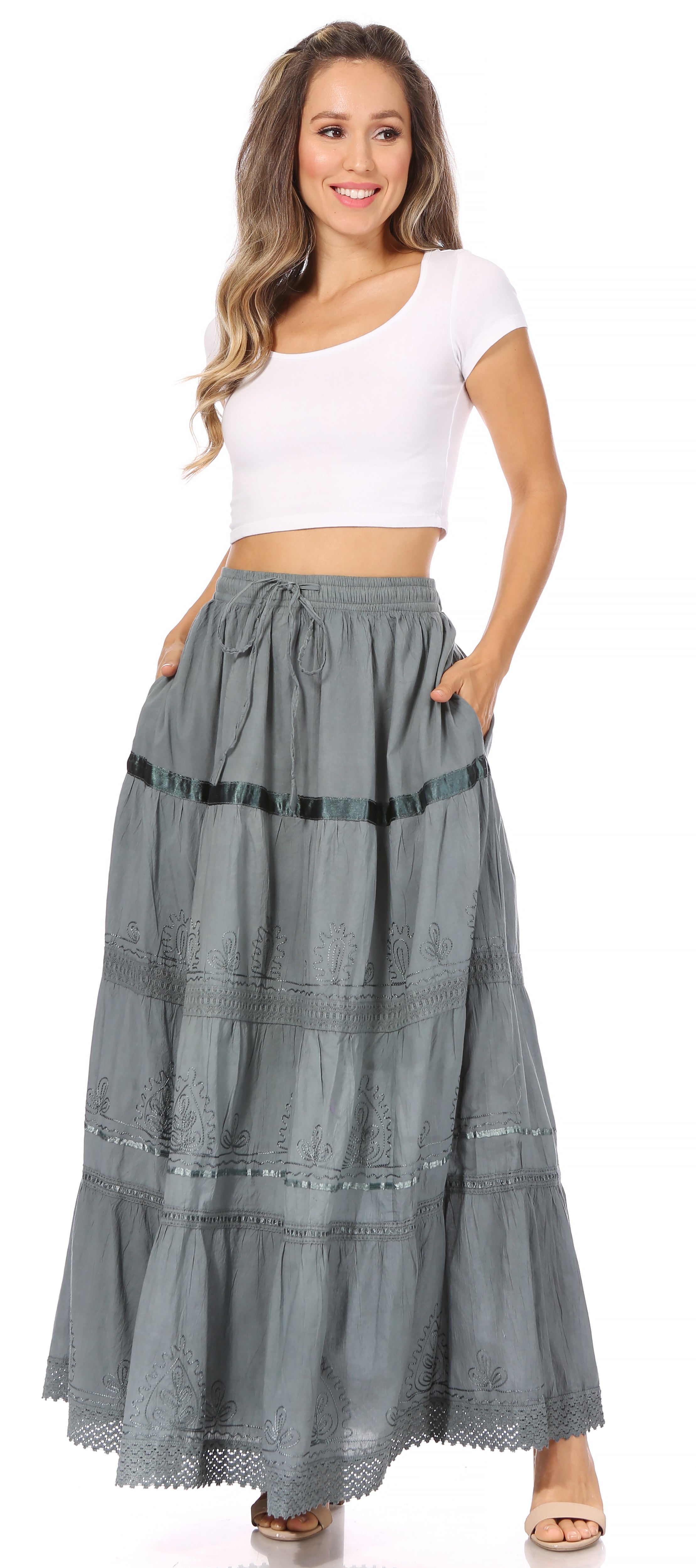 Sakkas - Solid Embroidered Gypsy Cotton Skirt