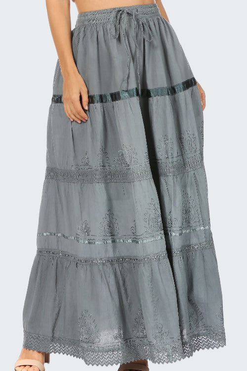 Gray embroidered maxi skirt on a white background