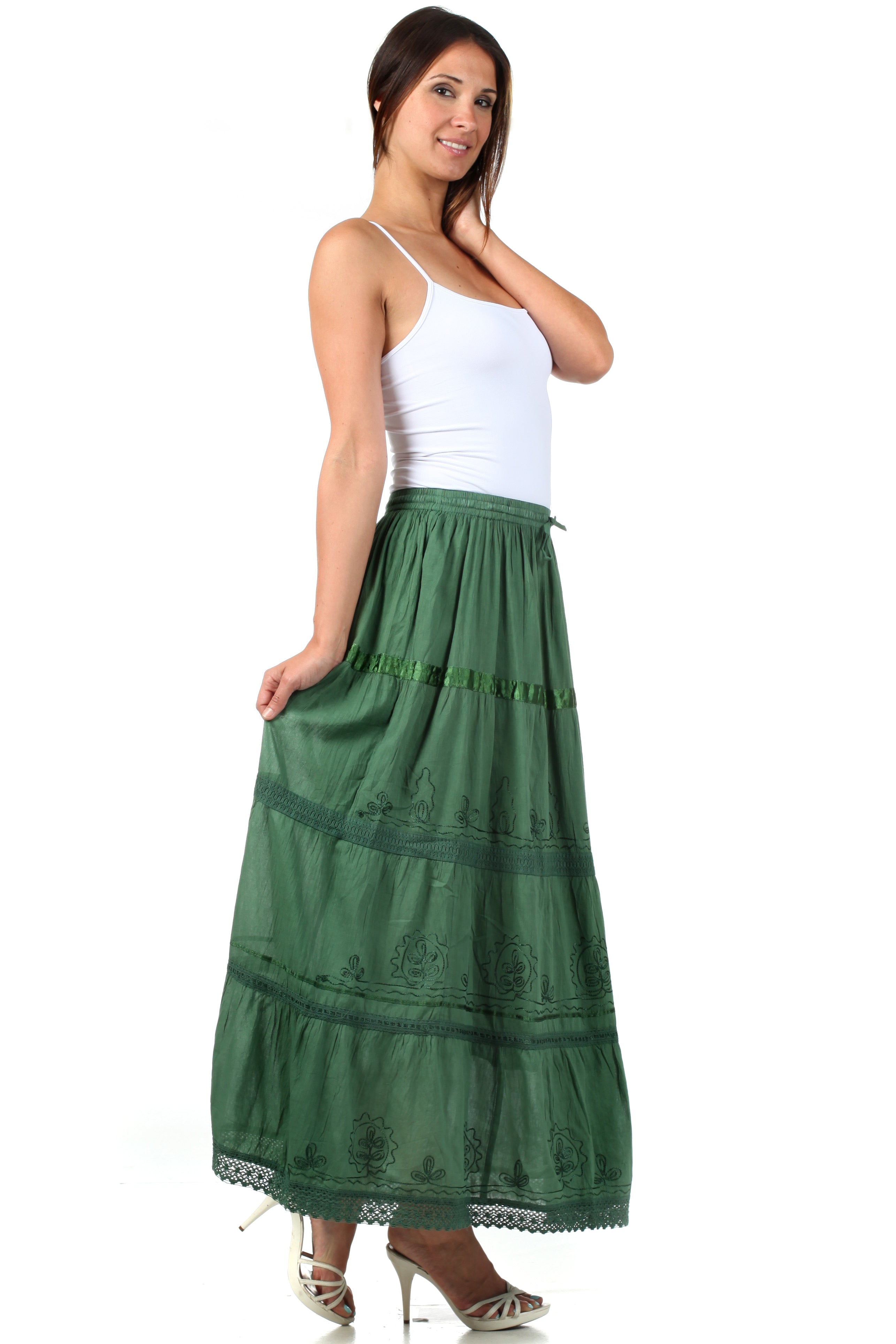 Sakkas - Solid Embroidered Gypsy Cotton Skirt