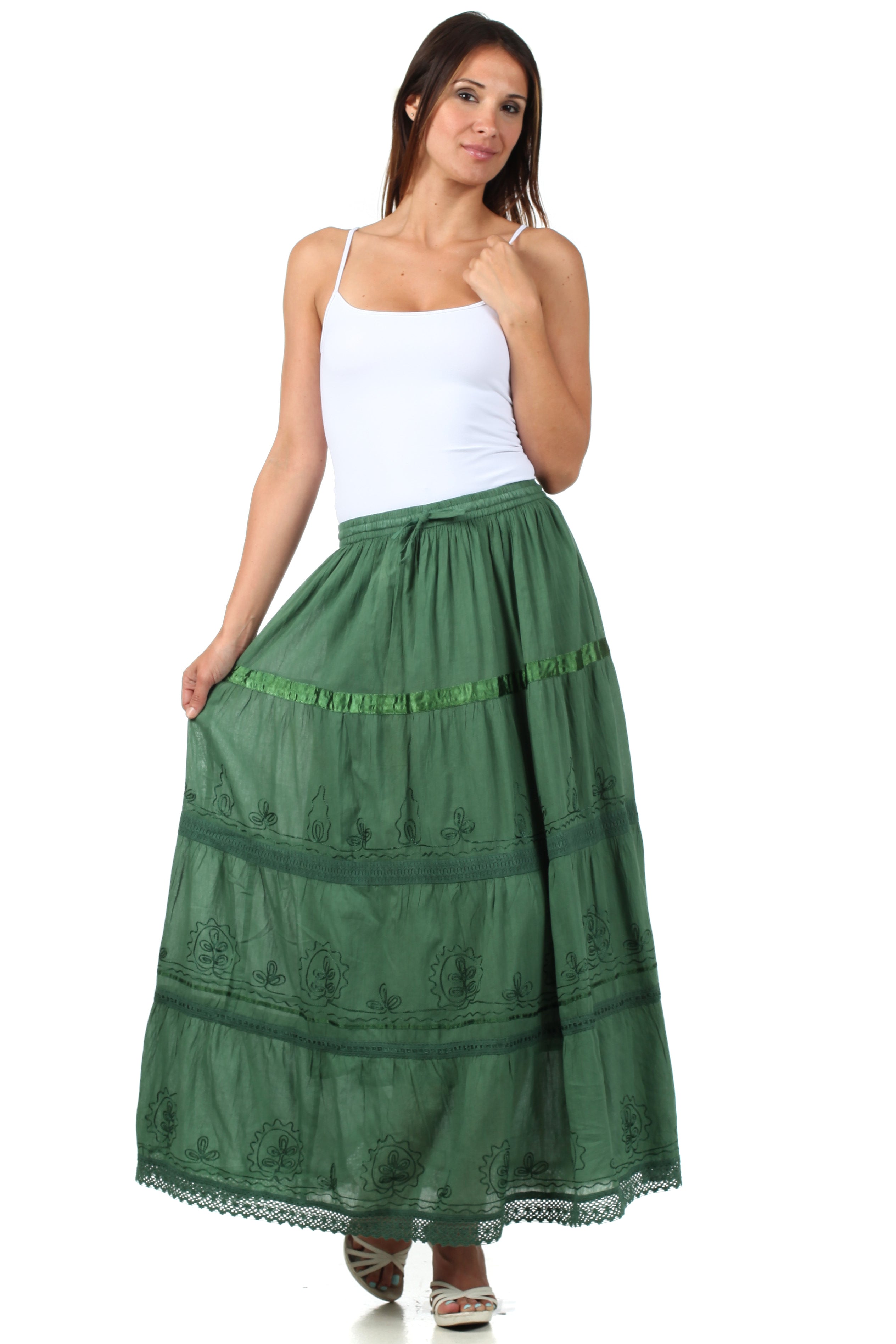 Sakkas - Solid Embroidered Gypsy Cotton Skirt