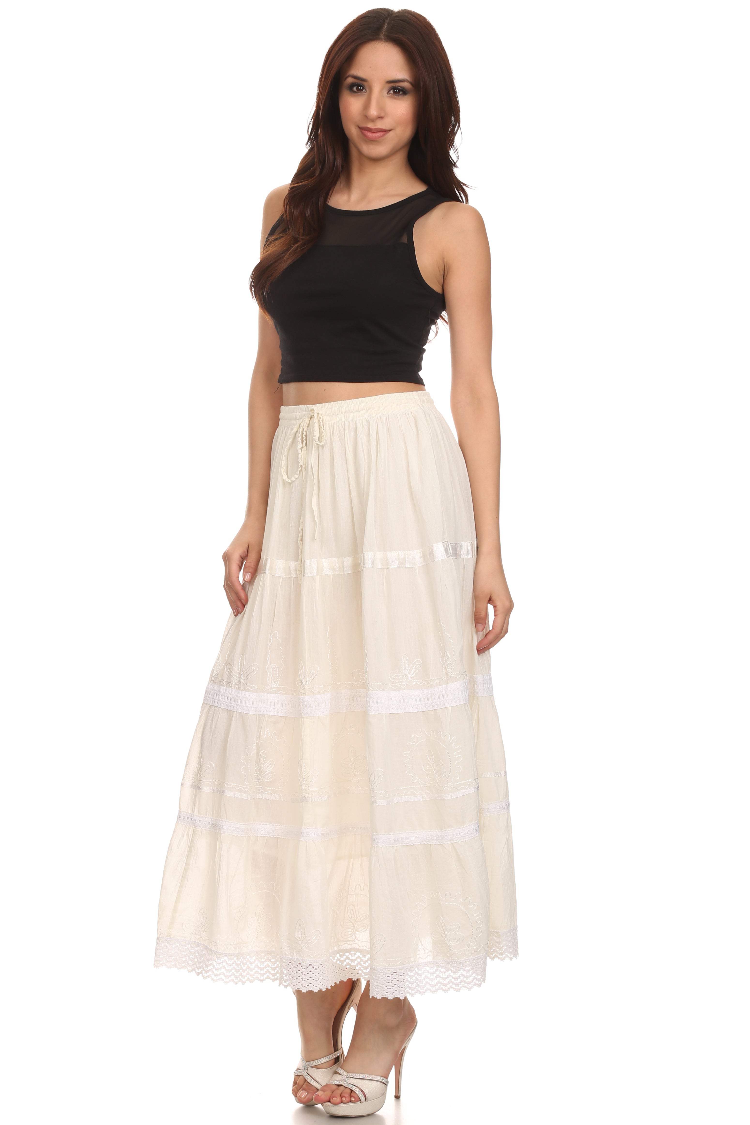 Sakkas - Solid Embroidered Gypsy Cotton Skirt