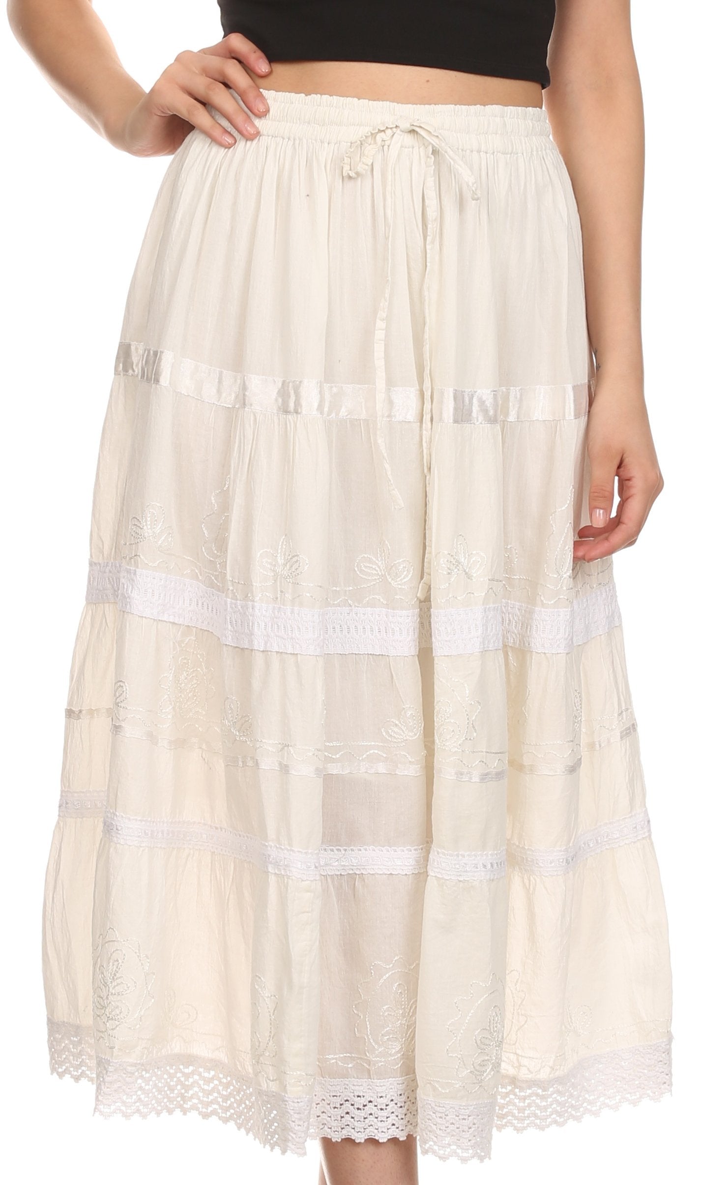 Sakkas - Solid Embroidered Gypsy Cotton Skirt