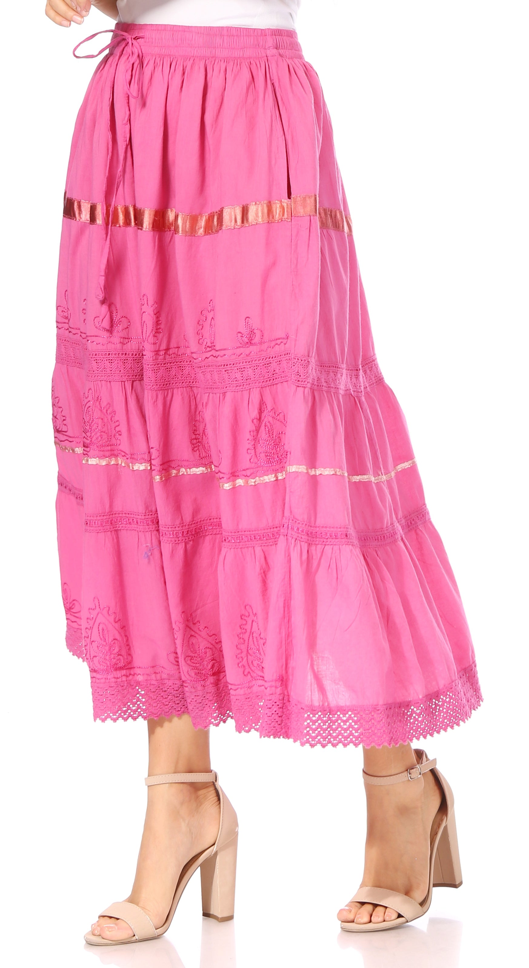 Sakkas - Solid Embroidered Gypsy Cotton Skirt