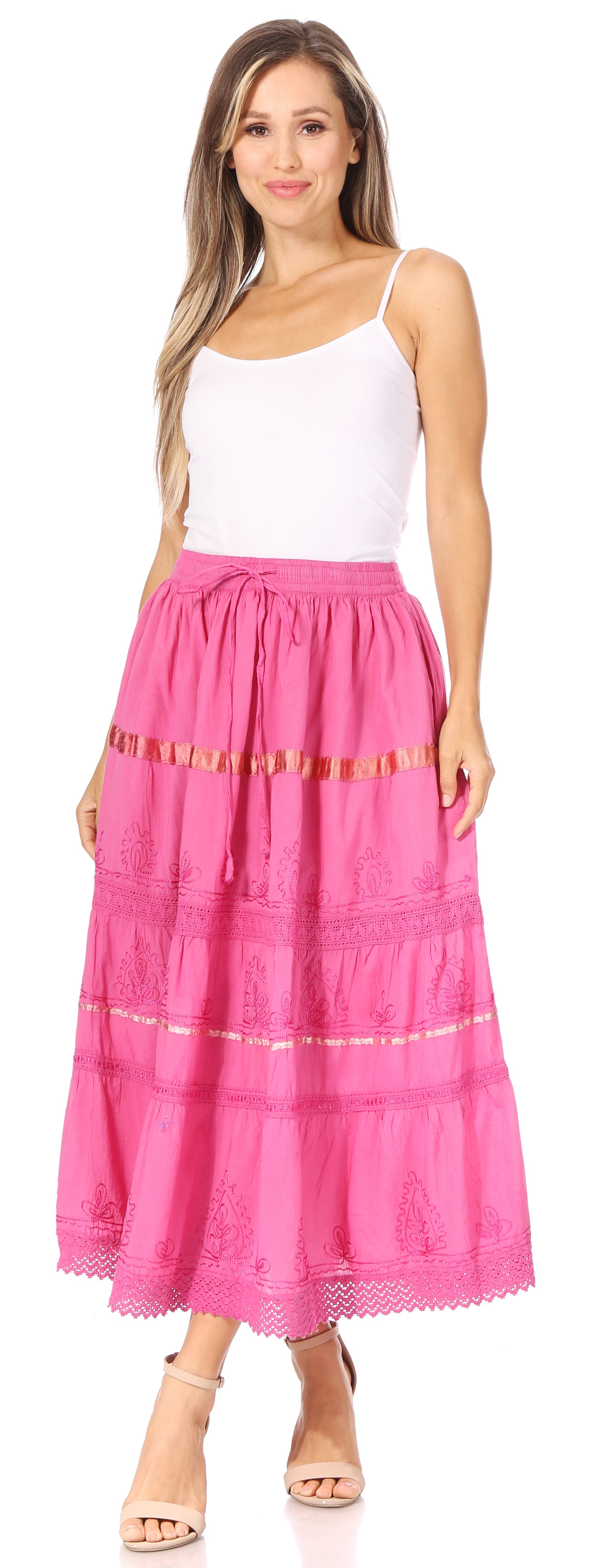 Sakkas - Solid Embroidered Gypsy Cotton Skirt
