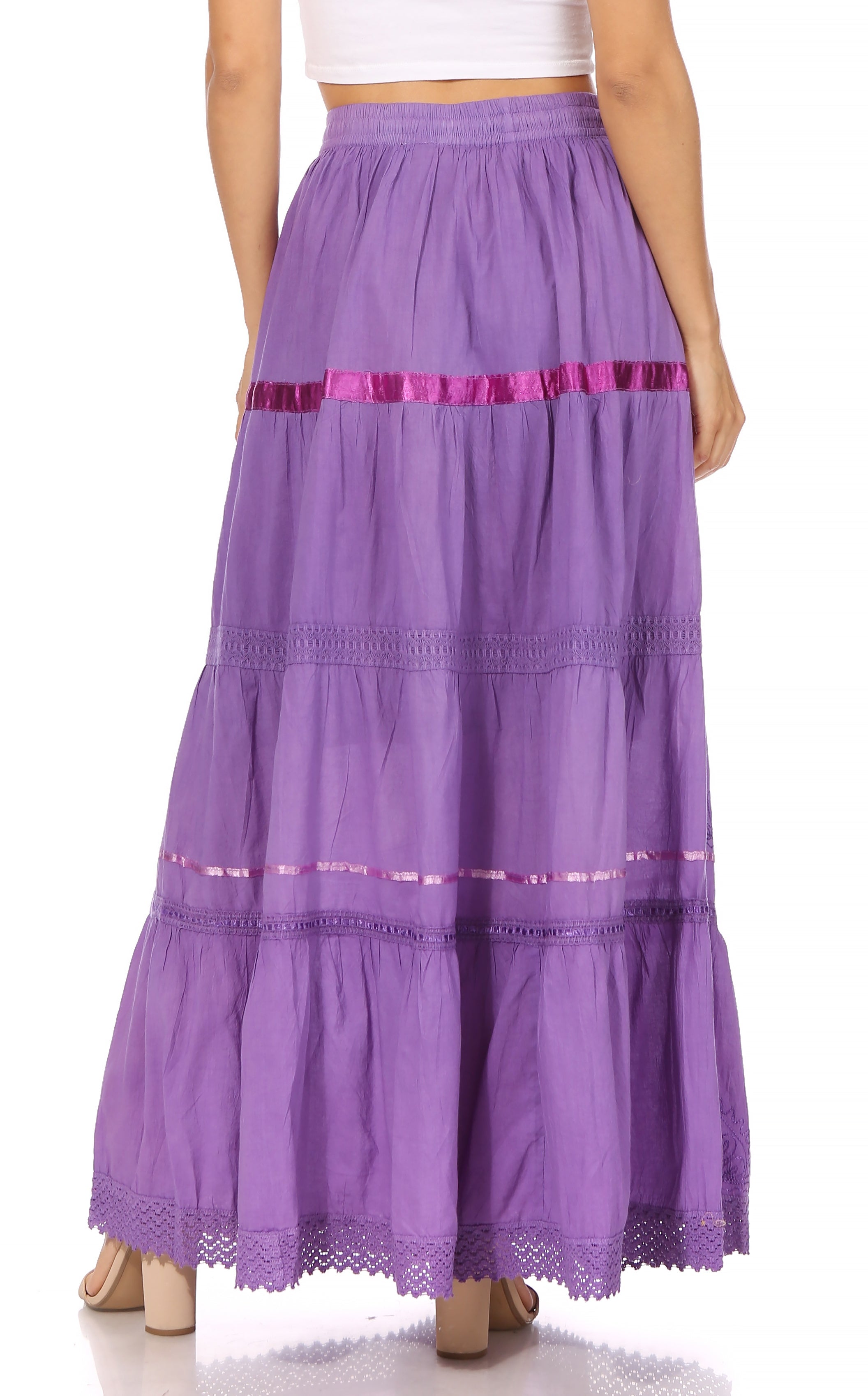 Sakkas - Solid Embroidered Gypsy Cotton Skirt
