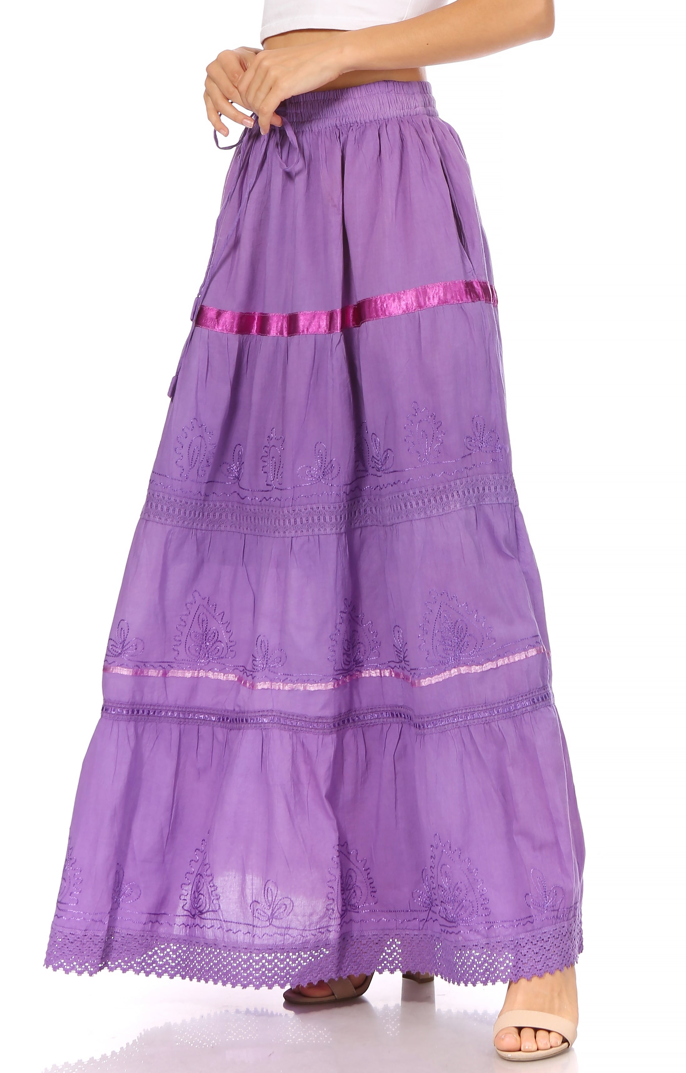 Sakkas - Solid Embroidered Gypsy Cotton Skirt