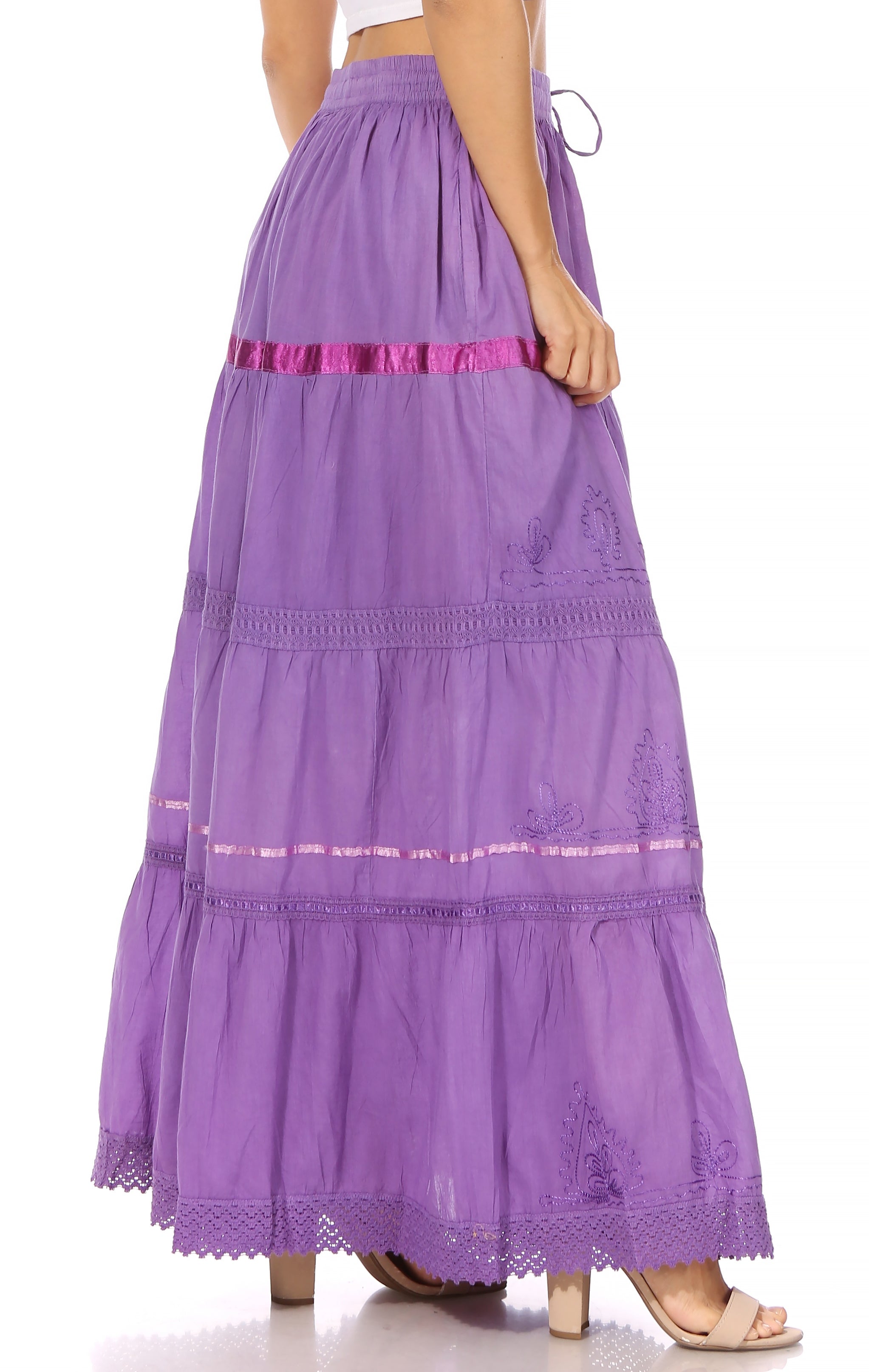 Sakkas - Solid Embroidered Gypsy Cotton Skirt