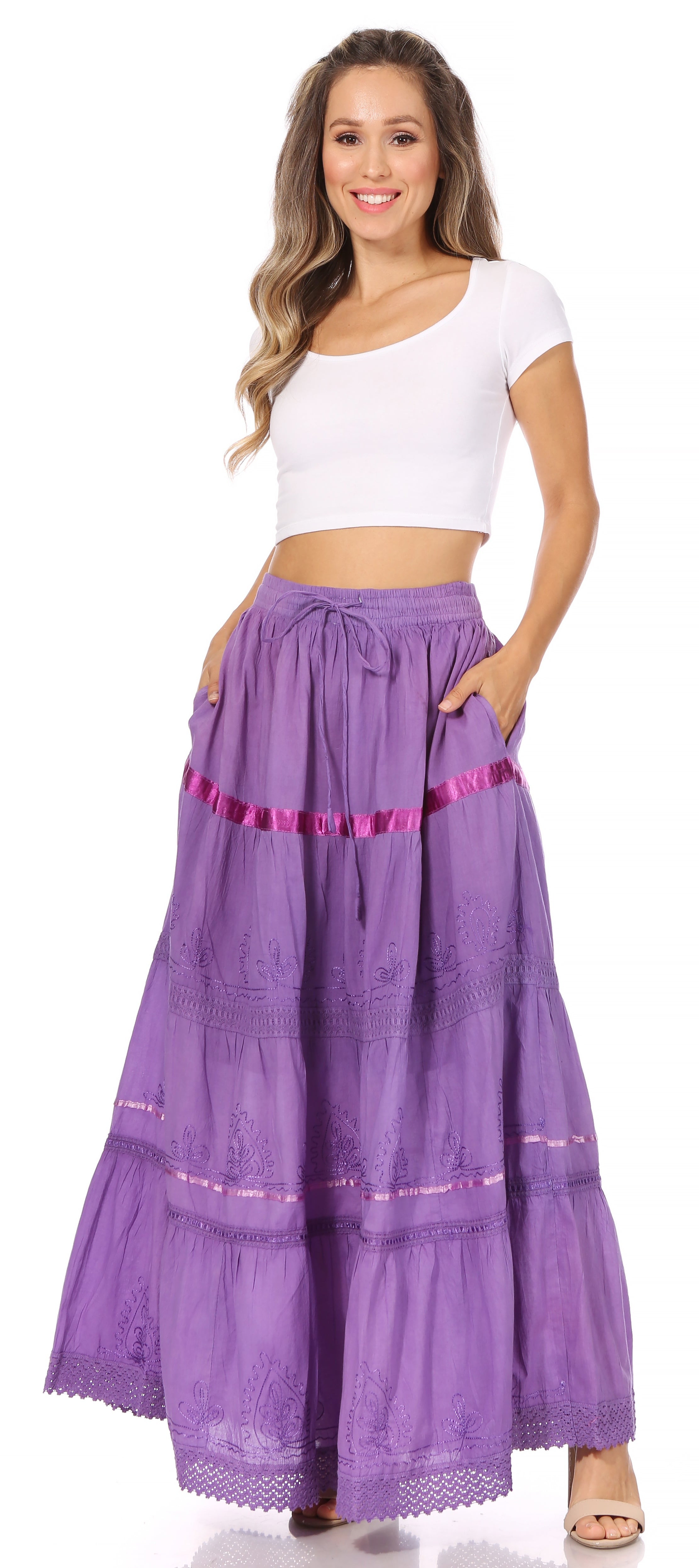 Sakkas - Solid Embroidered Gypsy Cotton Skirt