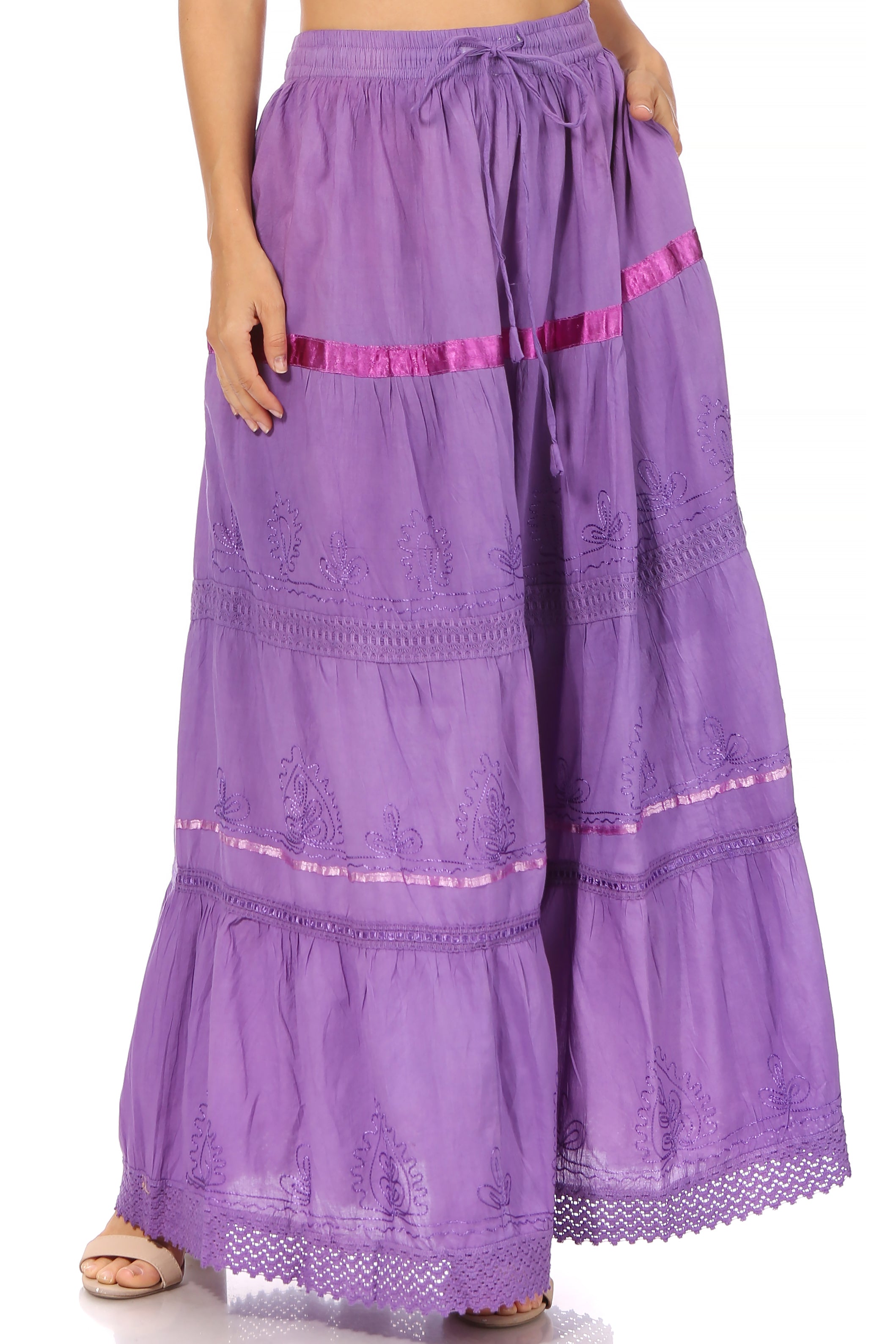 Sakkas - Solid Embroidered Gypsy Cotton Skirt