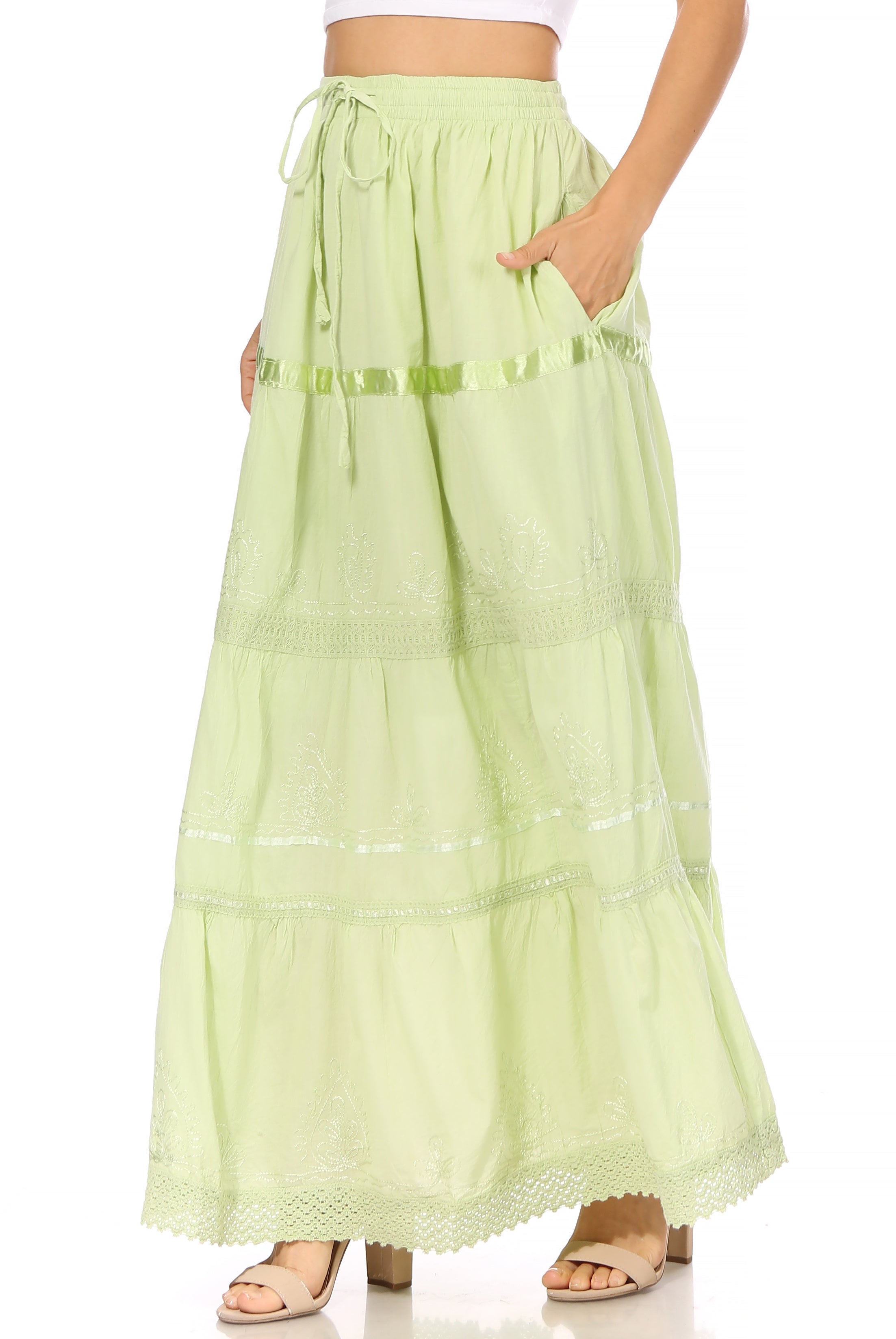 Sakkas - Solid Embroidered Gypsy Cotton Skirt