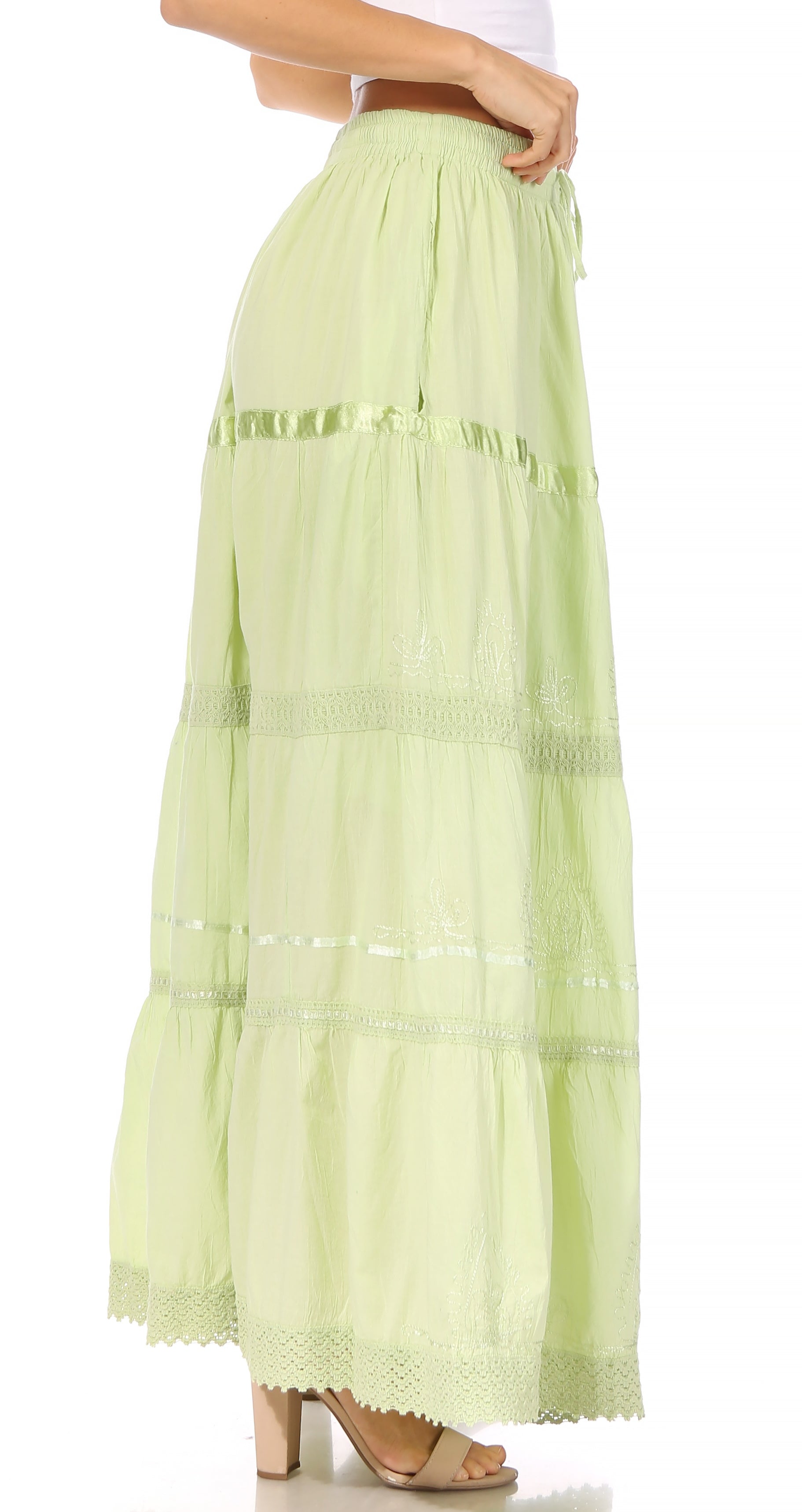 Sakkas - Solid Embroidered Gypsy Cotton Skirt