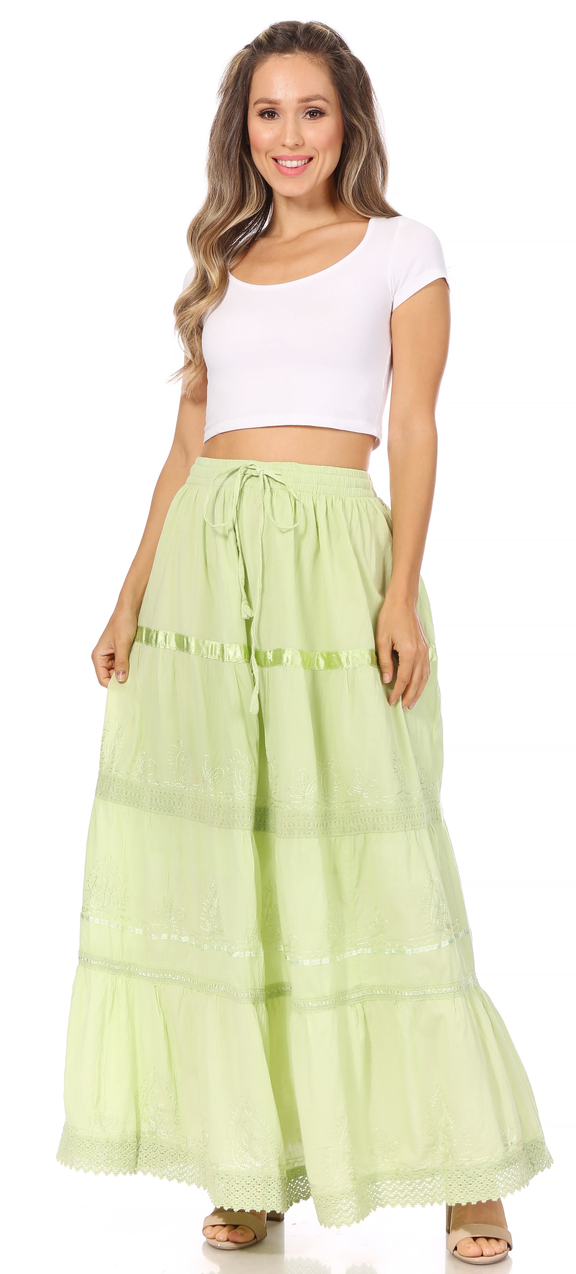 Sakkas - Solid Embroidered Gypsy Cotton Skirt
