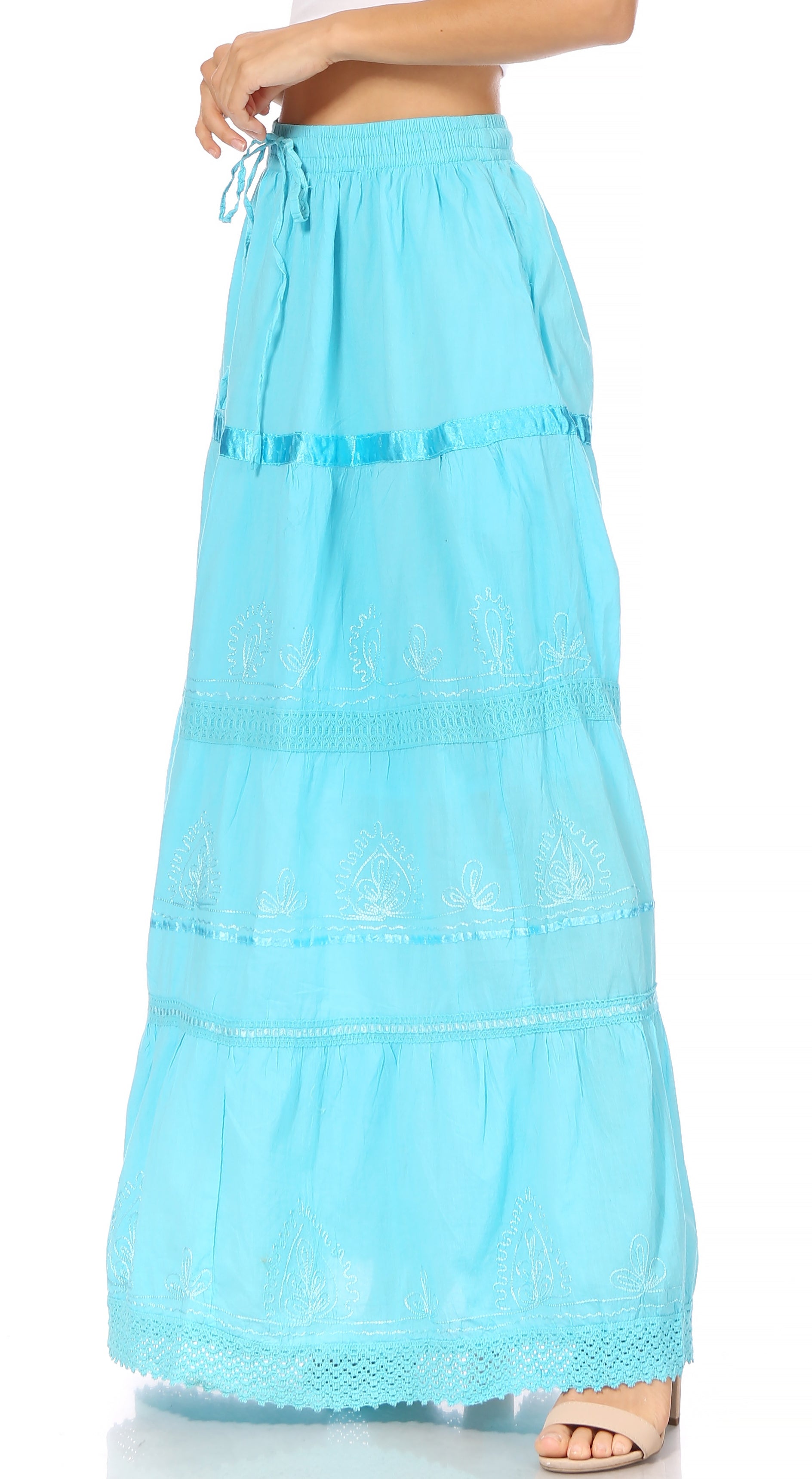 Sakkas - Solid Embroidered Gypsy Cotton Skirt