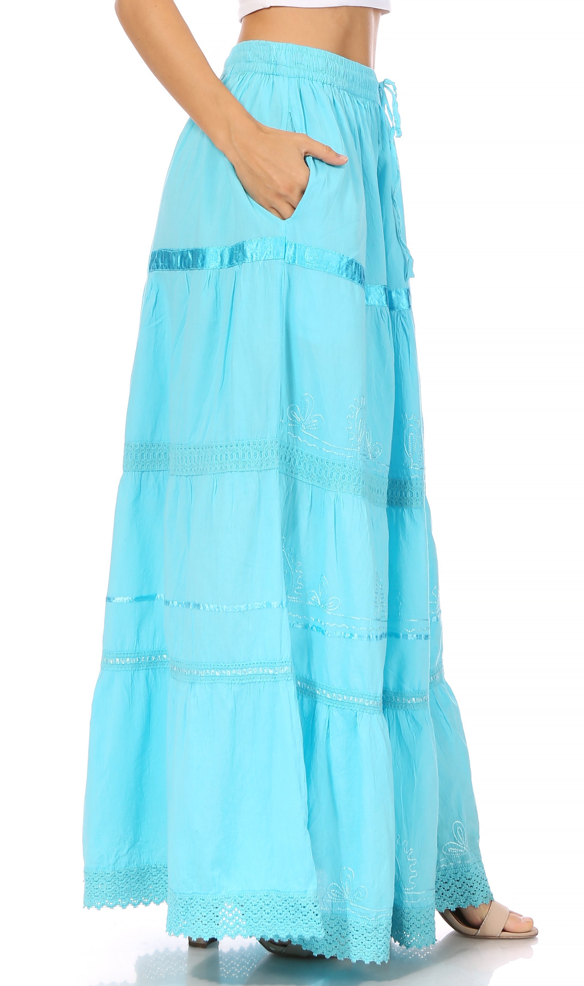 Sakkas - Solid Embroidered Gypsy Cotton Skirt