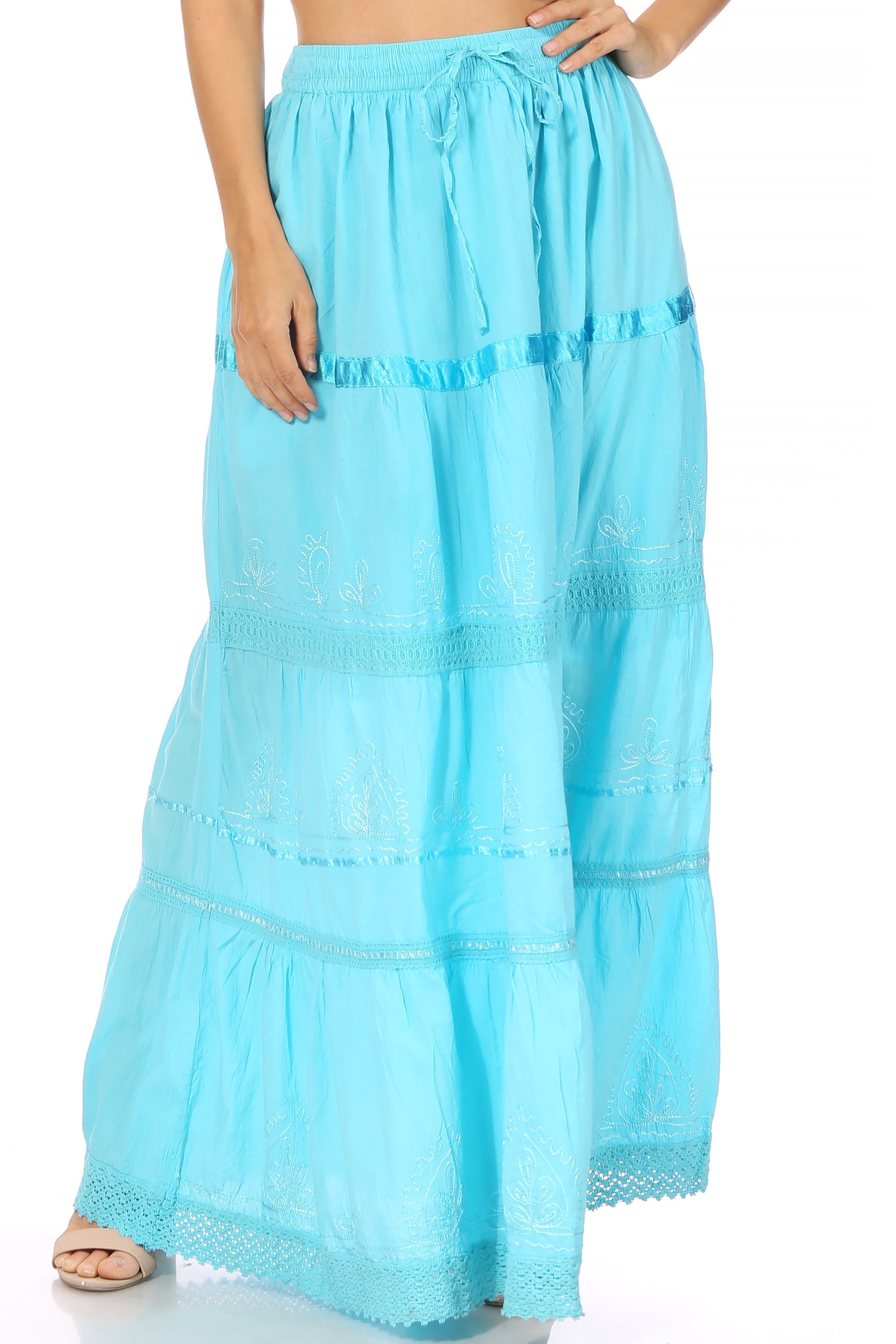 Sakkas - Solid Embroidered Gypsy Cotton Skirt