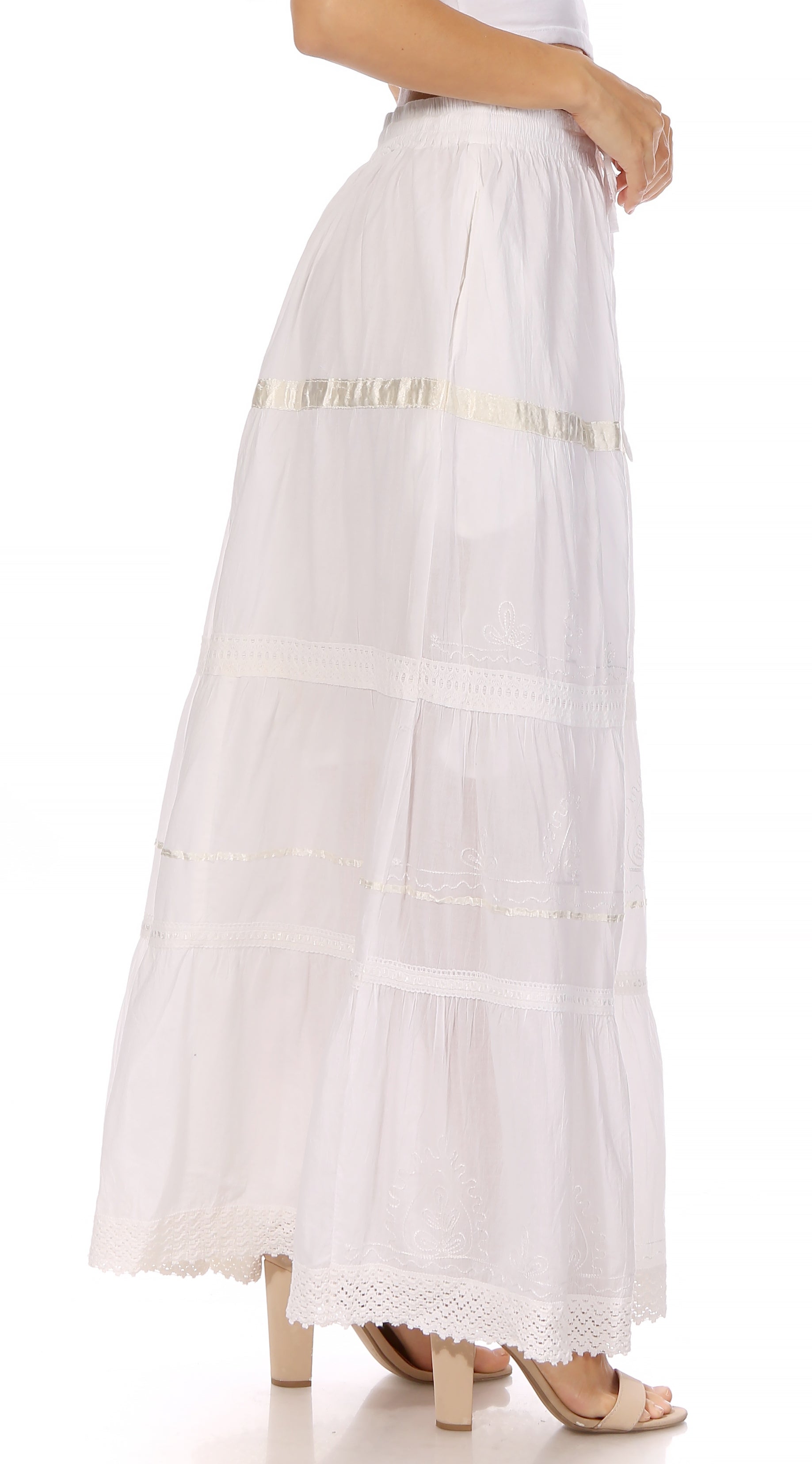 Sakkas - Solid Embroidered Gypsy Cotton Skirt