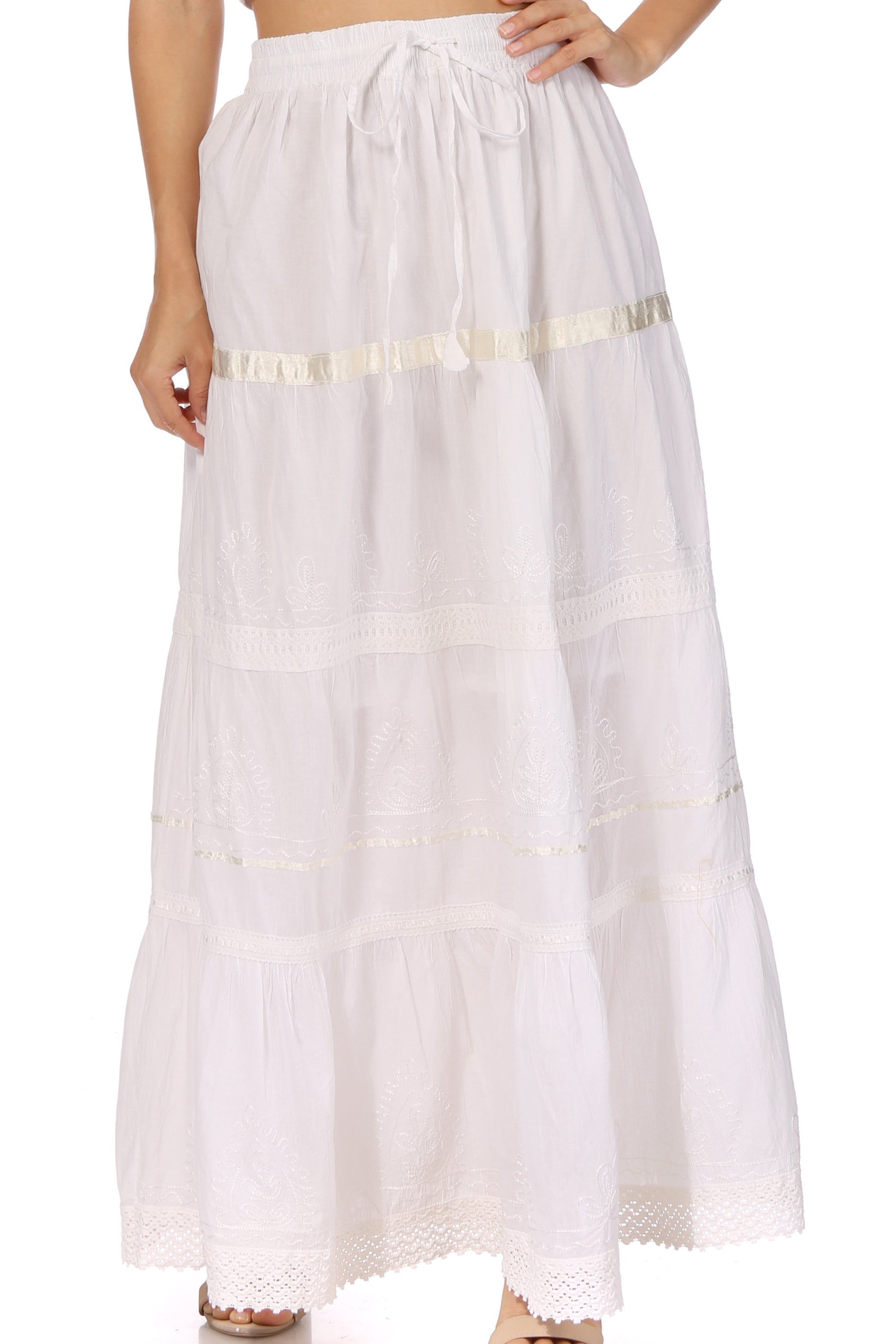 Sakkas - Solid Embroidered Gypsy Cotton Skirt