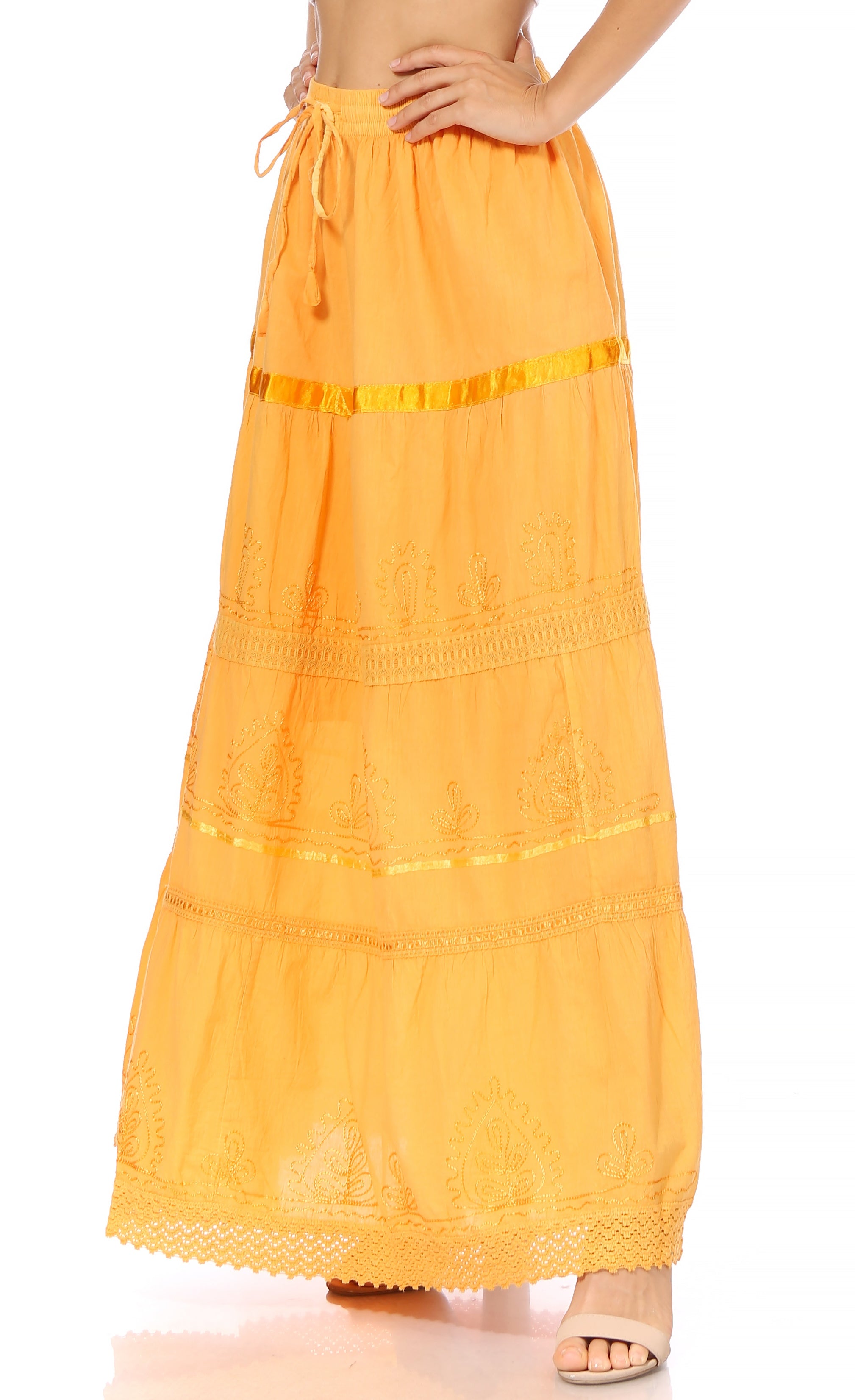 Sakkas - Solid Embroidered Gypsy Cotton Skirt