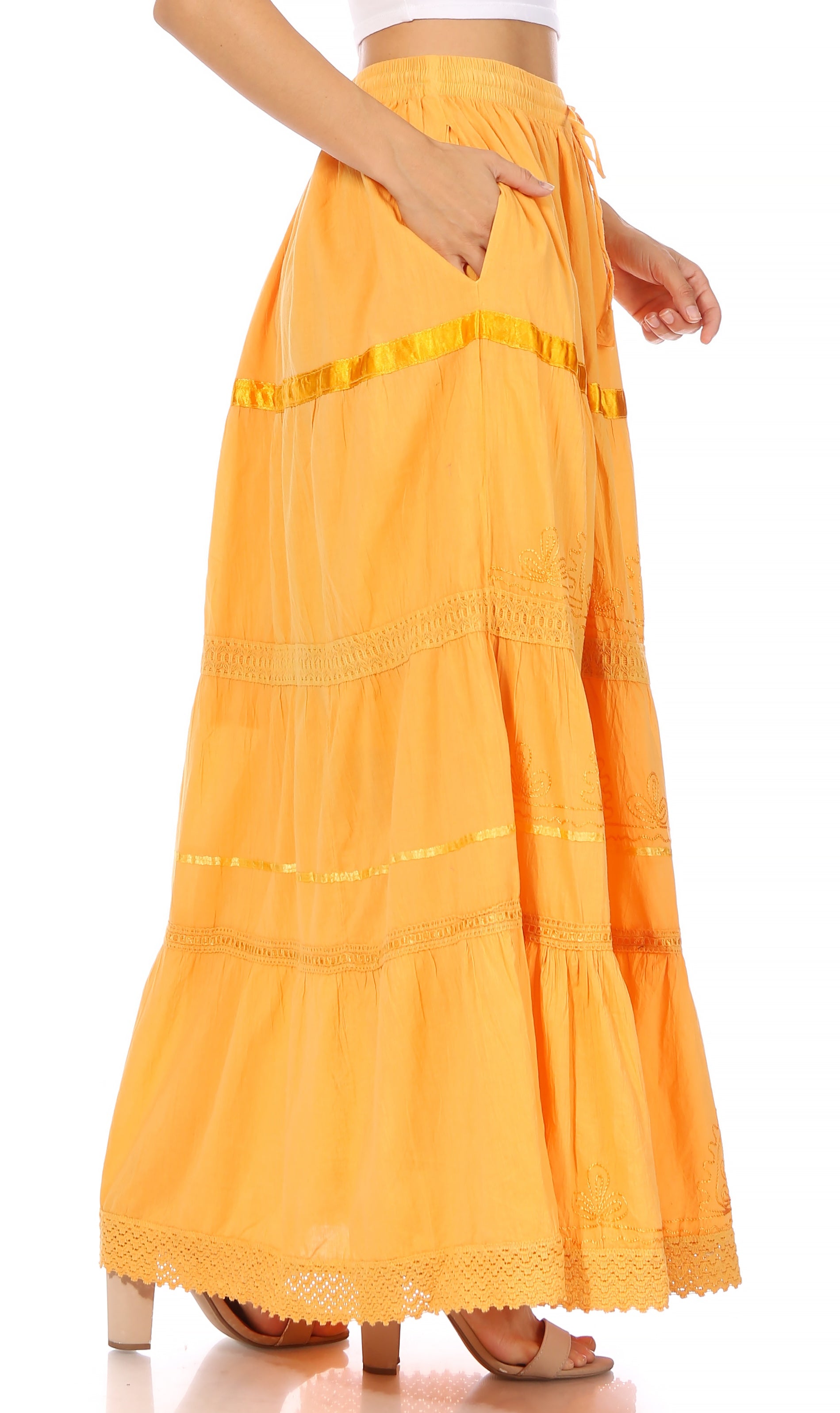 Sakkas - Solid Embroidered Gypsy Cotton Skirt