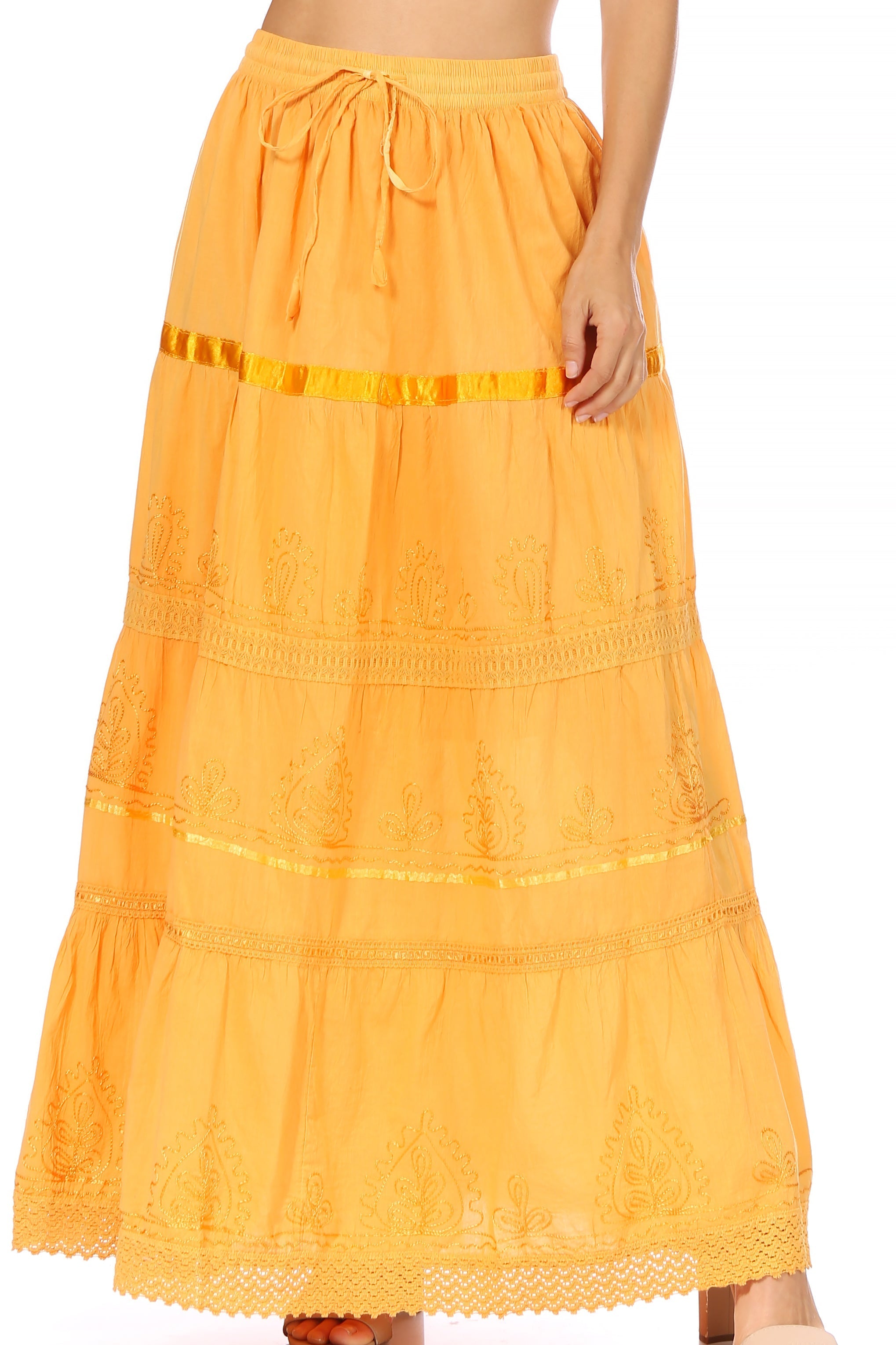 Sakkas - Solid Embroidered Gypsy Cotton Skirt