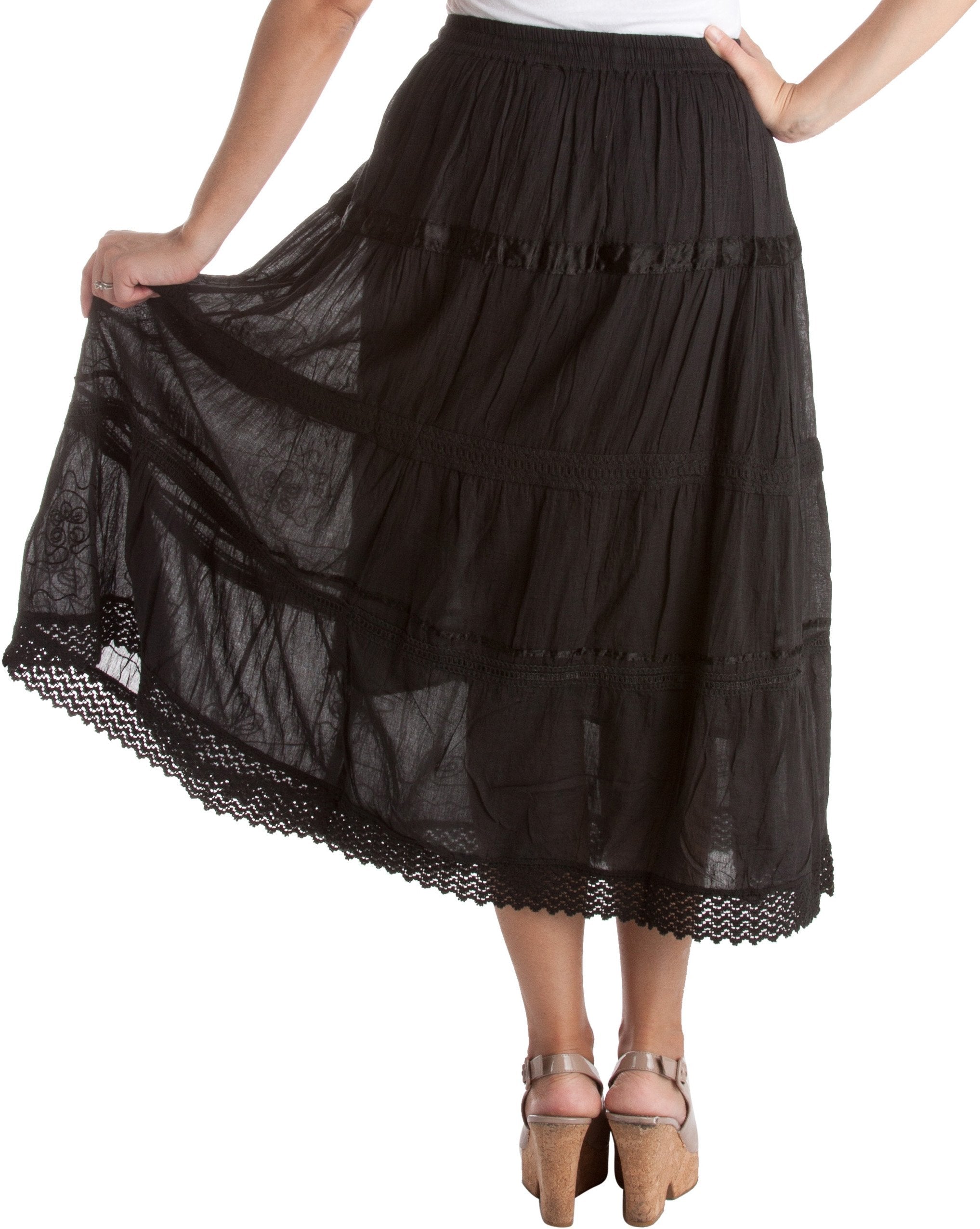 Sakkas - Solid Embroidered Gypsy / Bohemian Mid Length Cotton Skirt