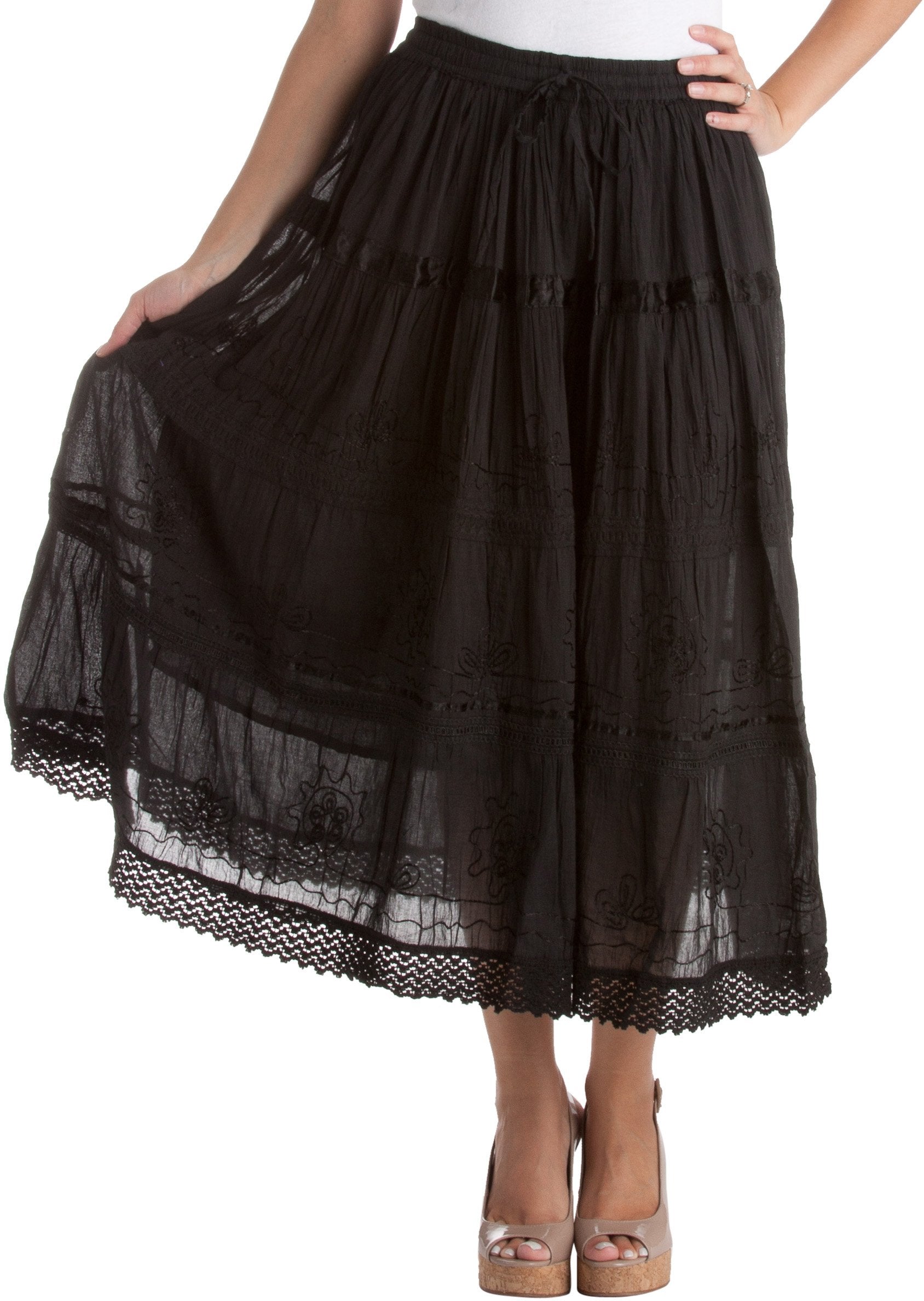 Sakkas - Solid Embroidered Gypsy / Bohemian Mid Length Cotton Skirt