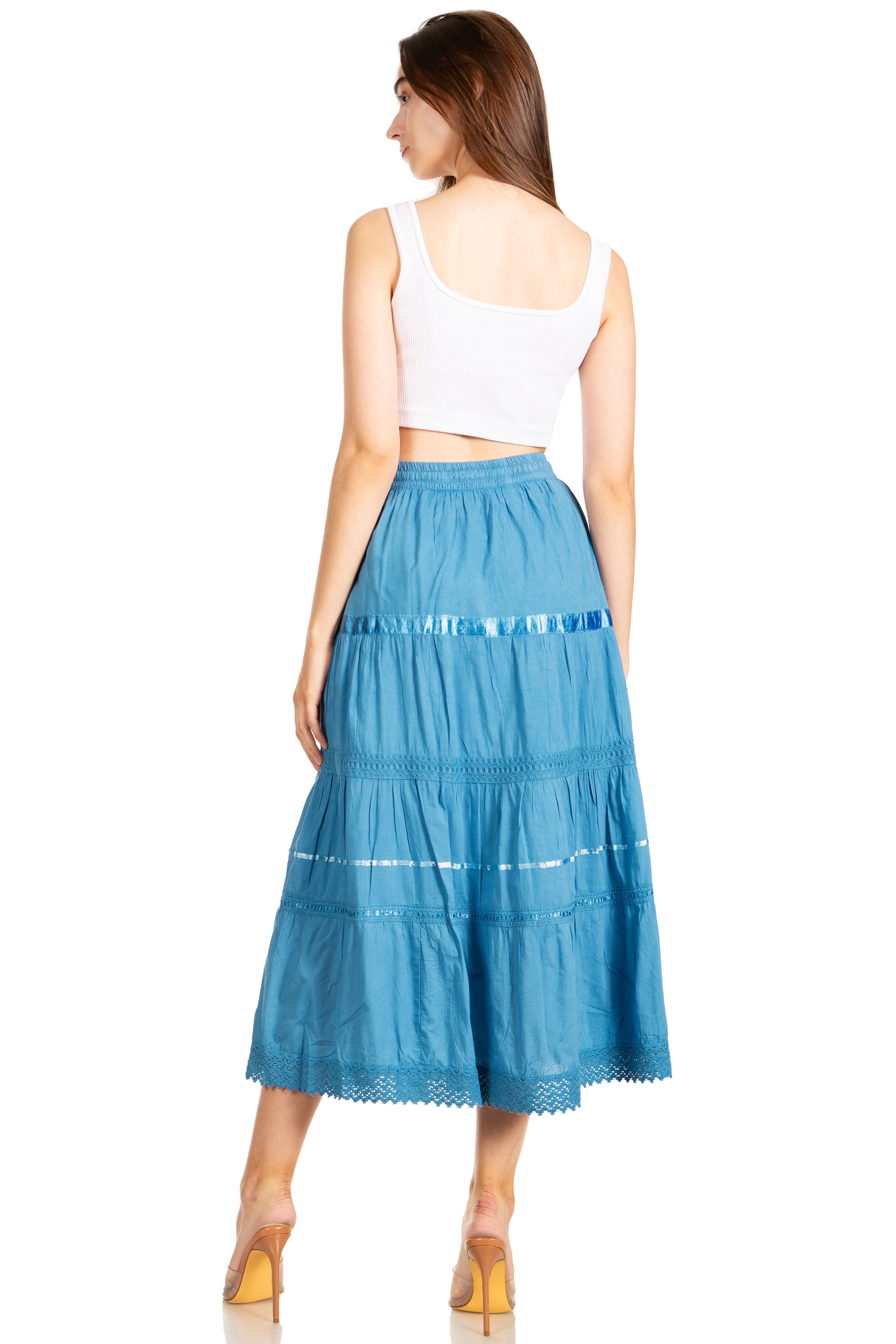 Sakkas - Solid Embroidered Gypsy / Bohemian Mid Length Cotton Skirt