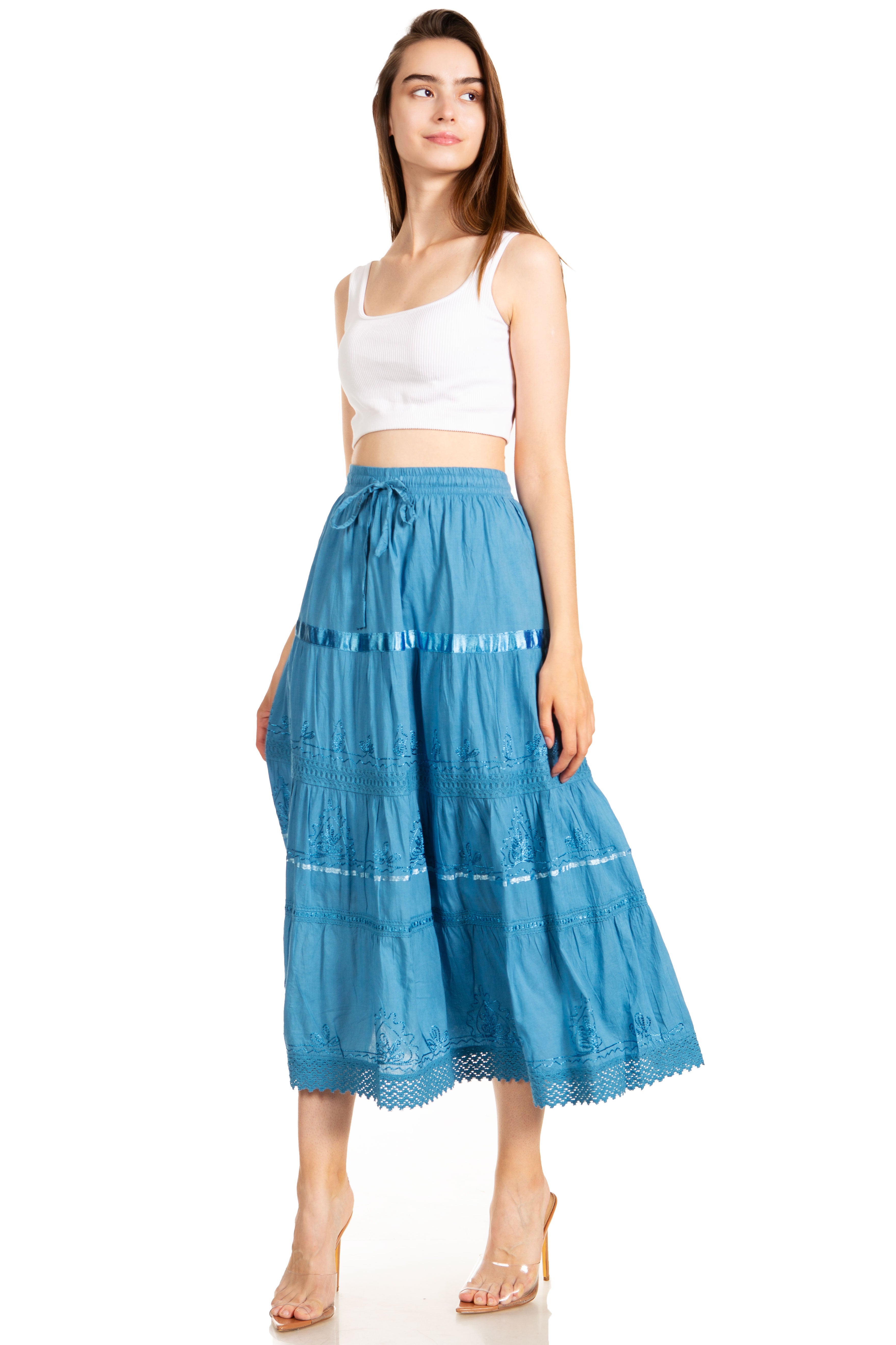 Sakkas - Solid Embroidered Gypsy / Bohemian Mid Length Cotton Skirt