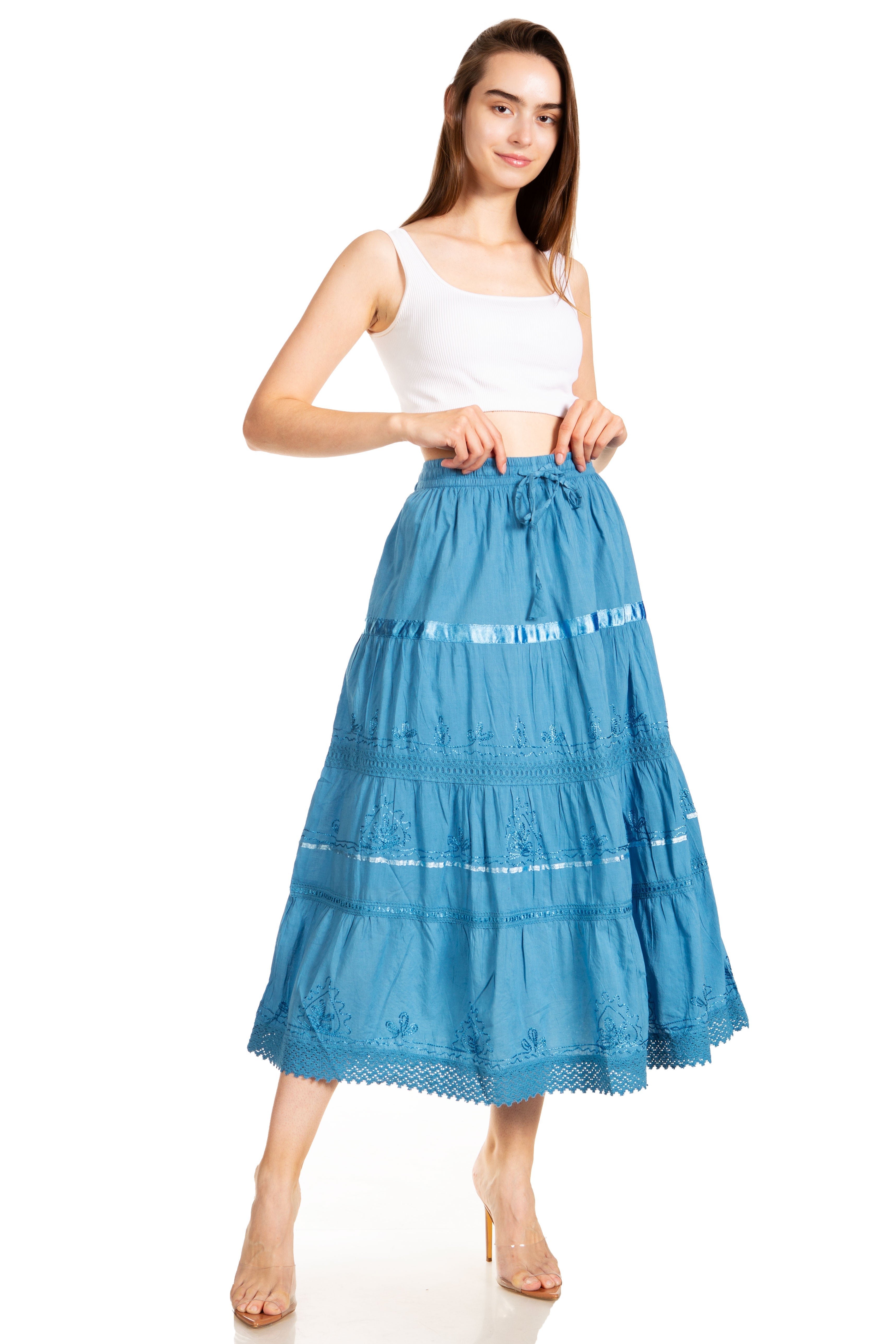 Sakkas - Solid Embroidered Gypsy / Bohemian Mid Length Cotton Skirt
