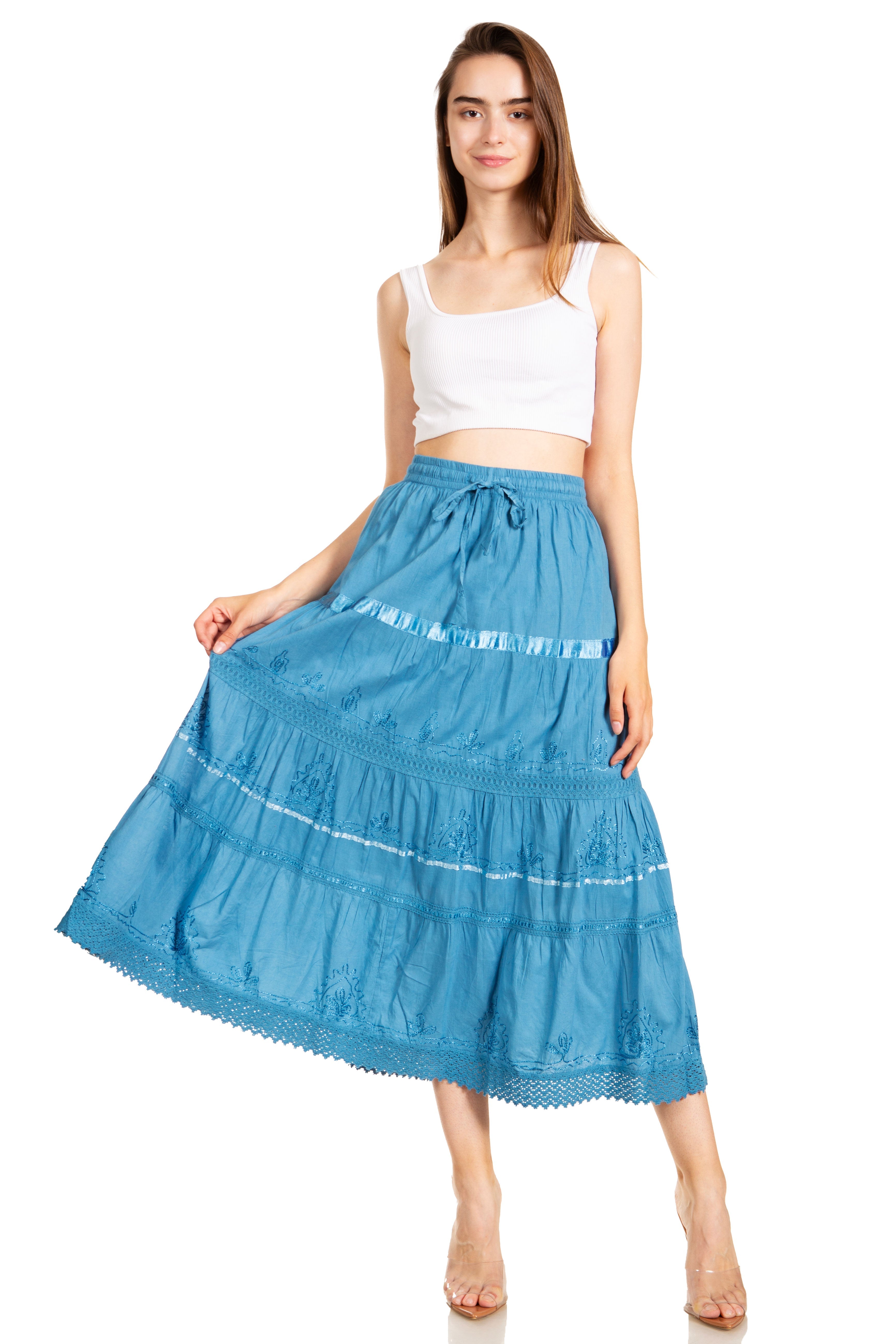 Sakkas - Solid Embroidered Gypsy / Bohemian Mid Length Cotton Skirt