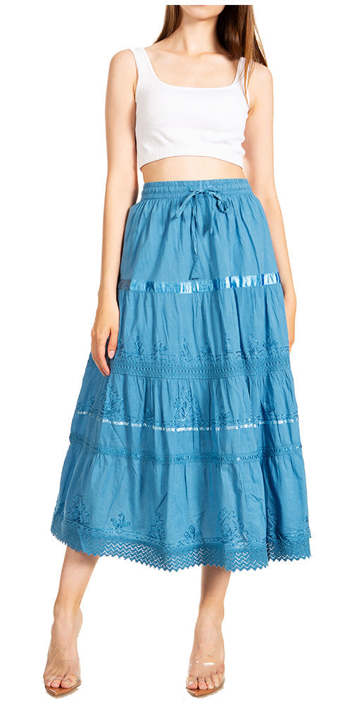 Sakkas - Solid Embroidered Gypsy / Bohemian Mid Length Cotton Skirt