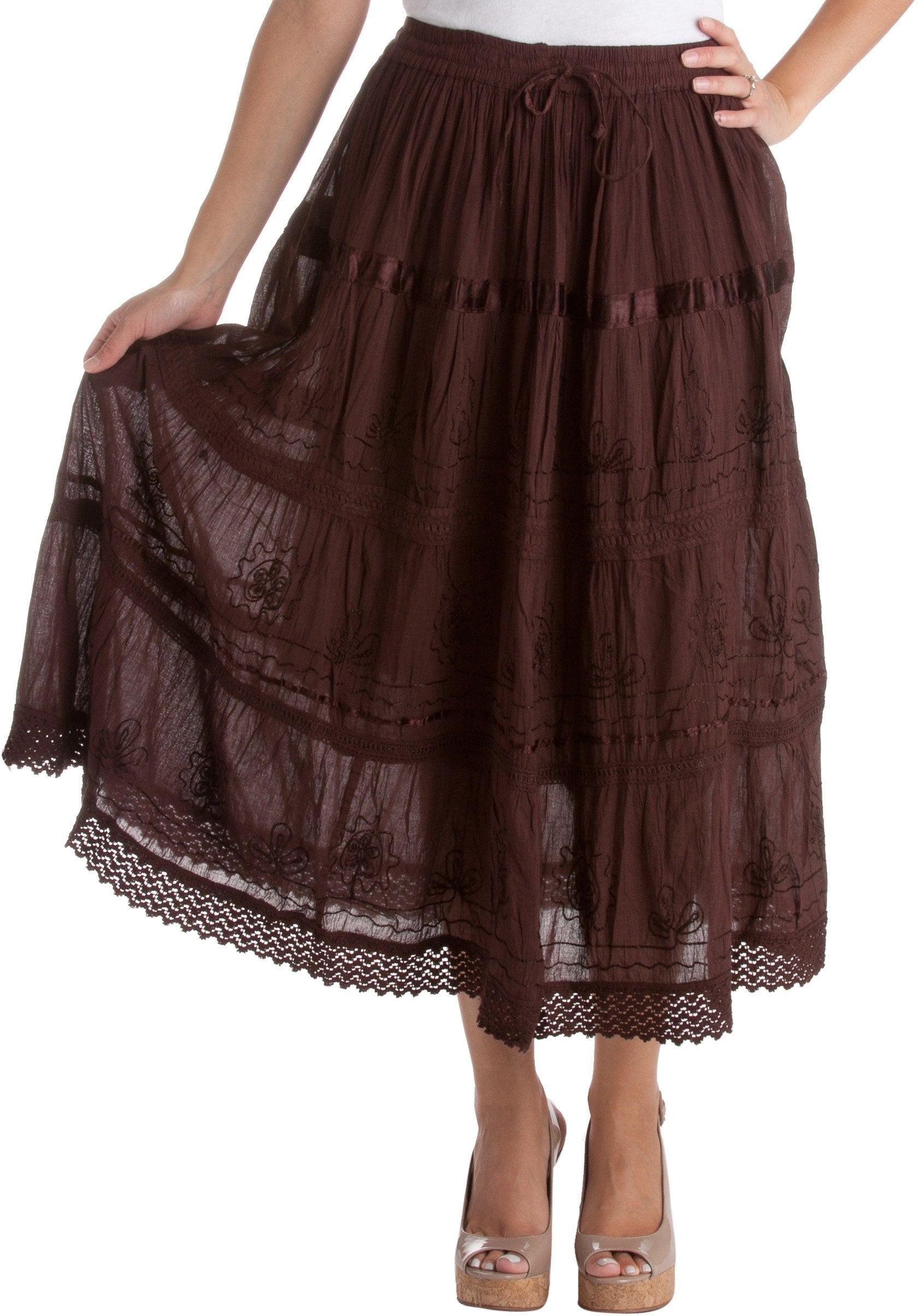 Sakkas - Solid Embroidered Gypsy / Bohemian Mid Length Cotton Skirt