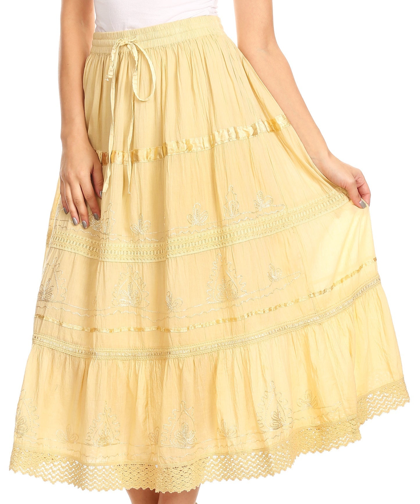 Sakkas - Solid Embroidered Gypsy / Bohemian Mid Length Cotton Skirt