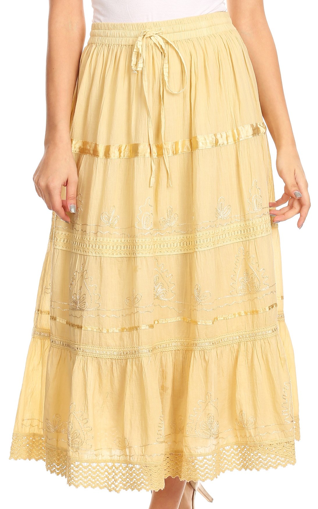 Sakkas - Solid Embroidered Gypsy / Bohemian Mid Length Cotton Skirt