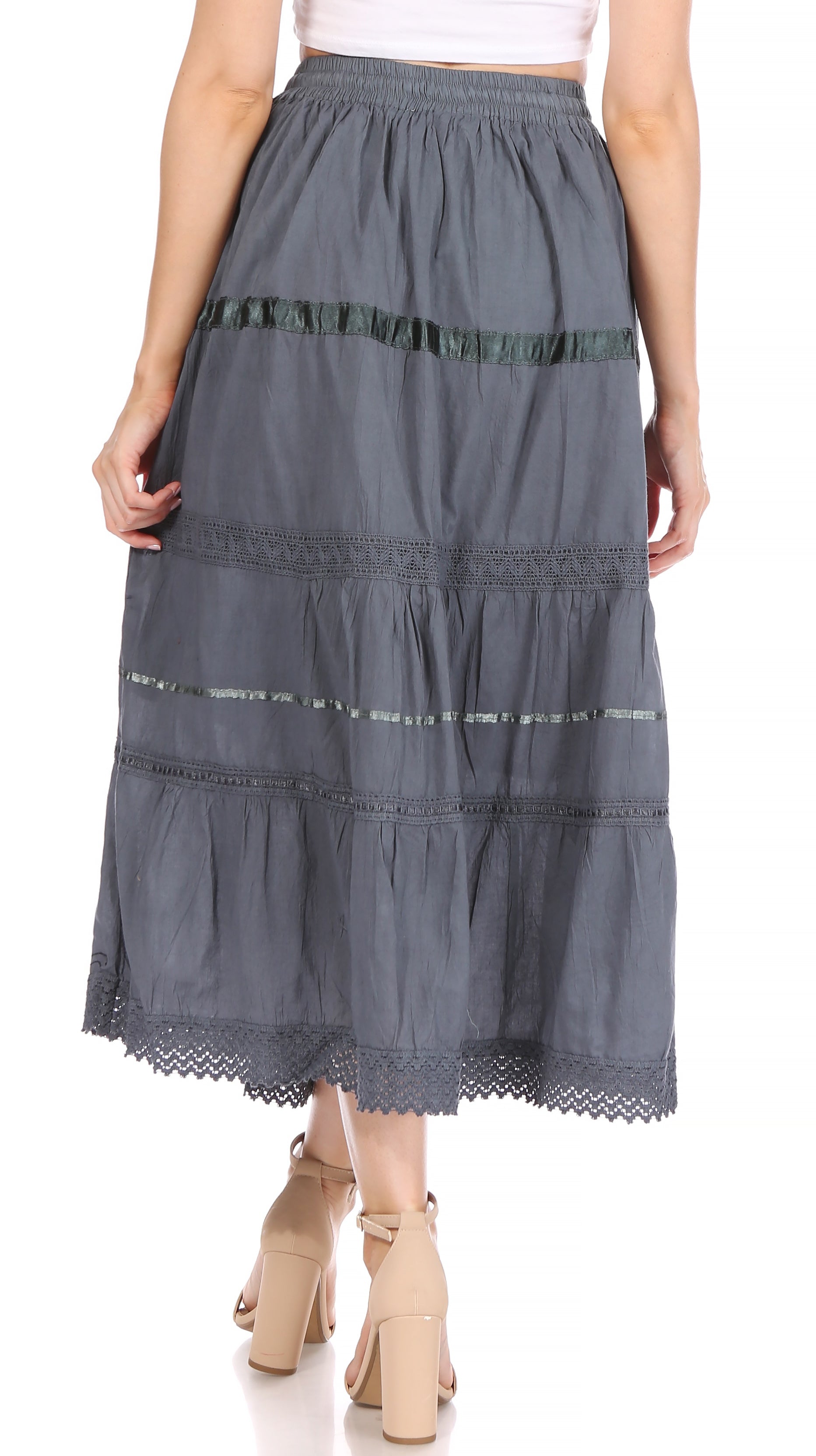 Sakkas - Solid Embroidered Gypsy / Bohemian Mid Length Cotton Skirt