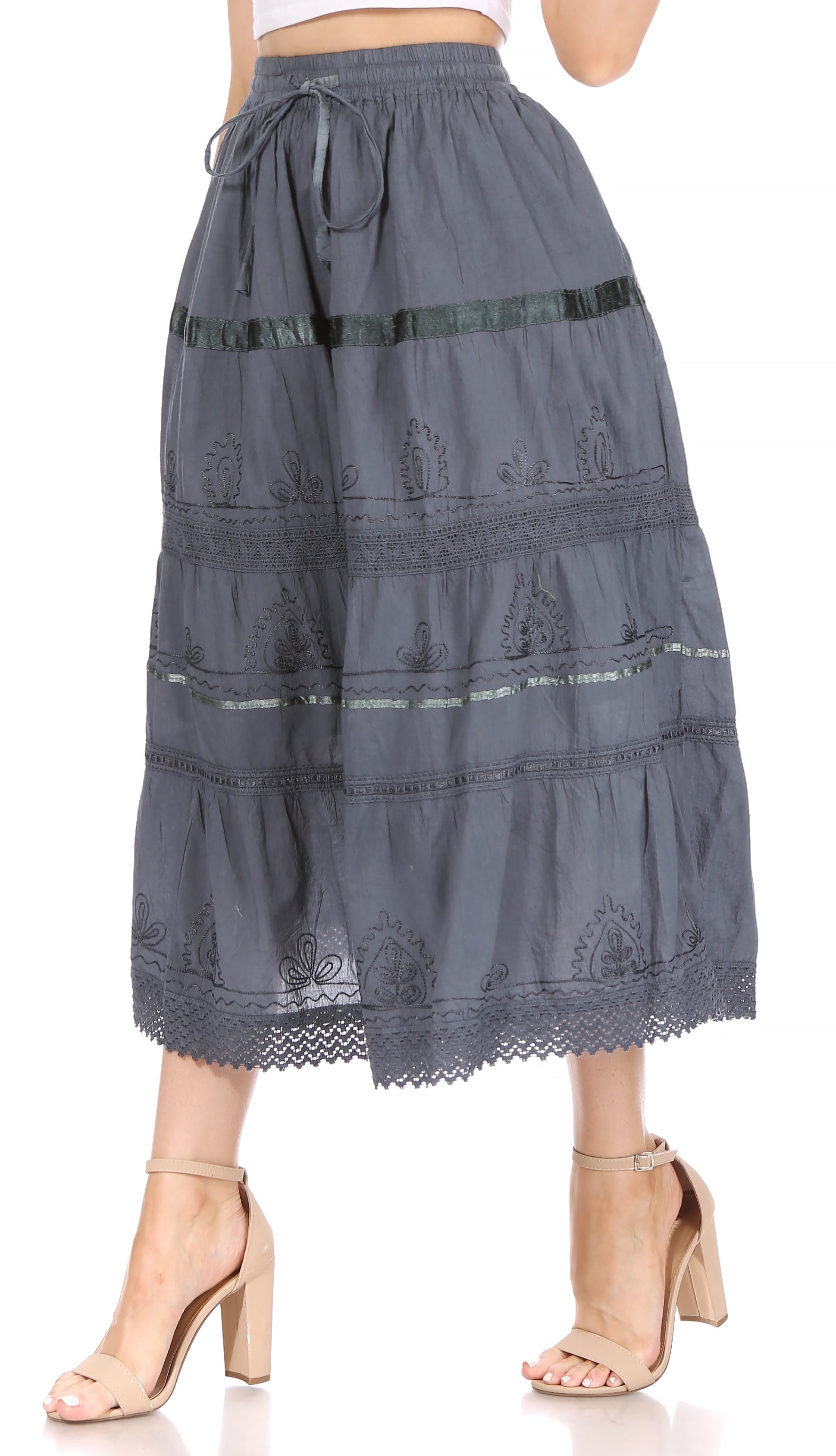 Sakkas - Solid Embroidered Gypsy / Bohemian Mid Length Cotton Skirt