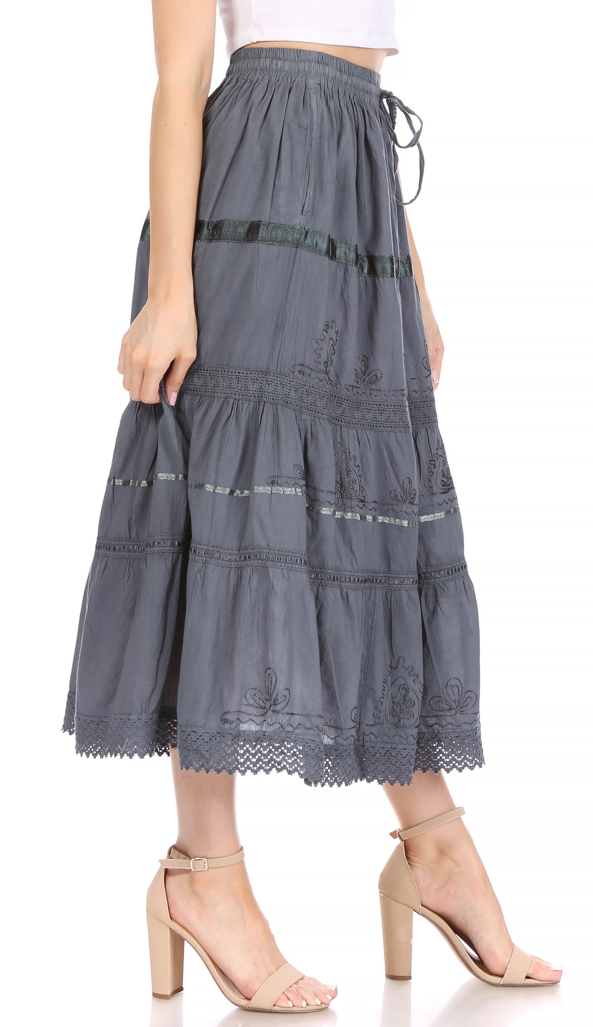 Sakkas - Solid Embroidered Gypsy / Bohemian Mid Length Cotton Skirt