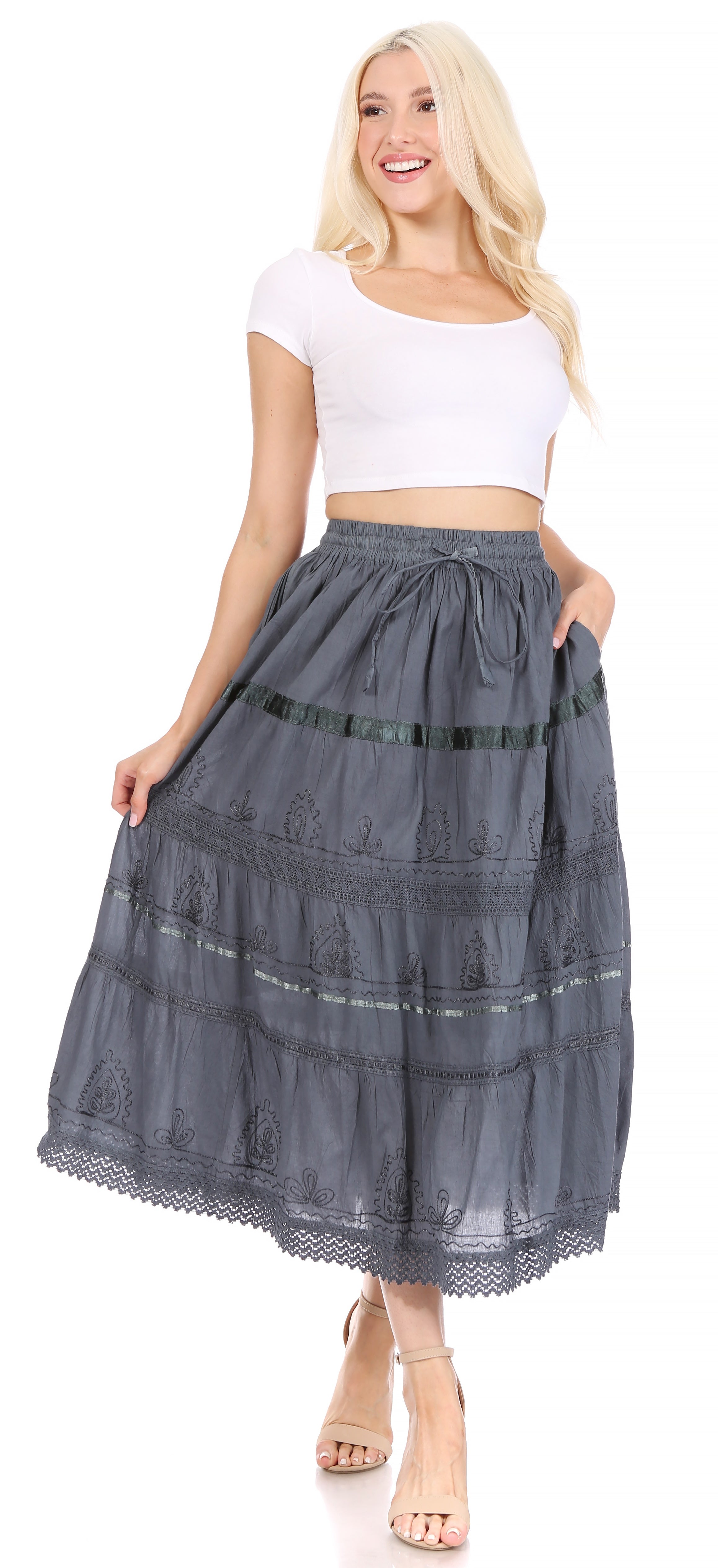 Sakkas - Solid Embroidered Gypsy / Bohemian Mid Length Cotton Skirt