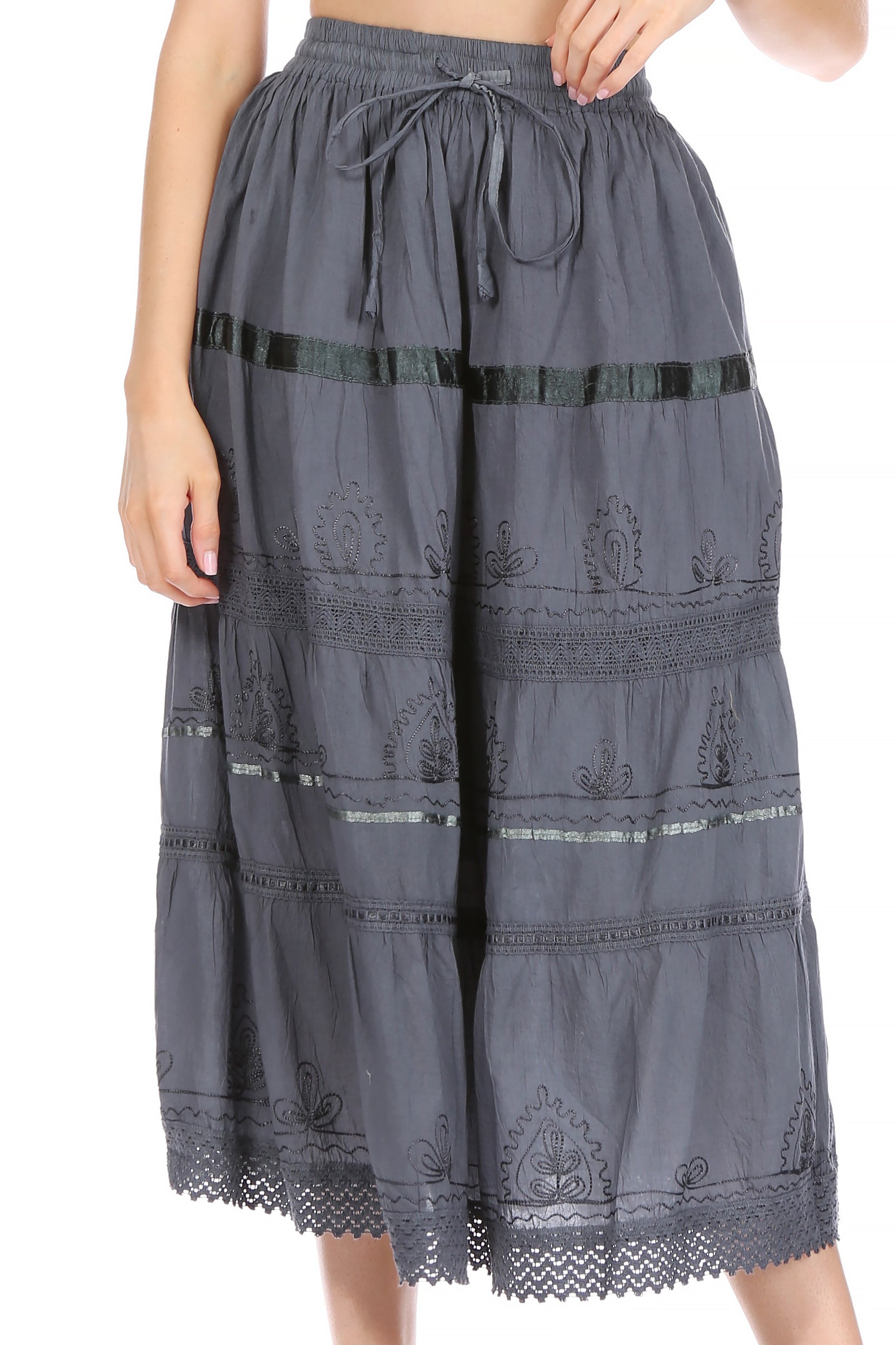 Sakkas - Solid Embroidered Gypsy / Bohemian Mid Length Cotton Skirt