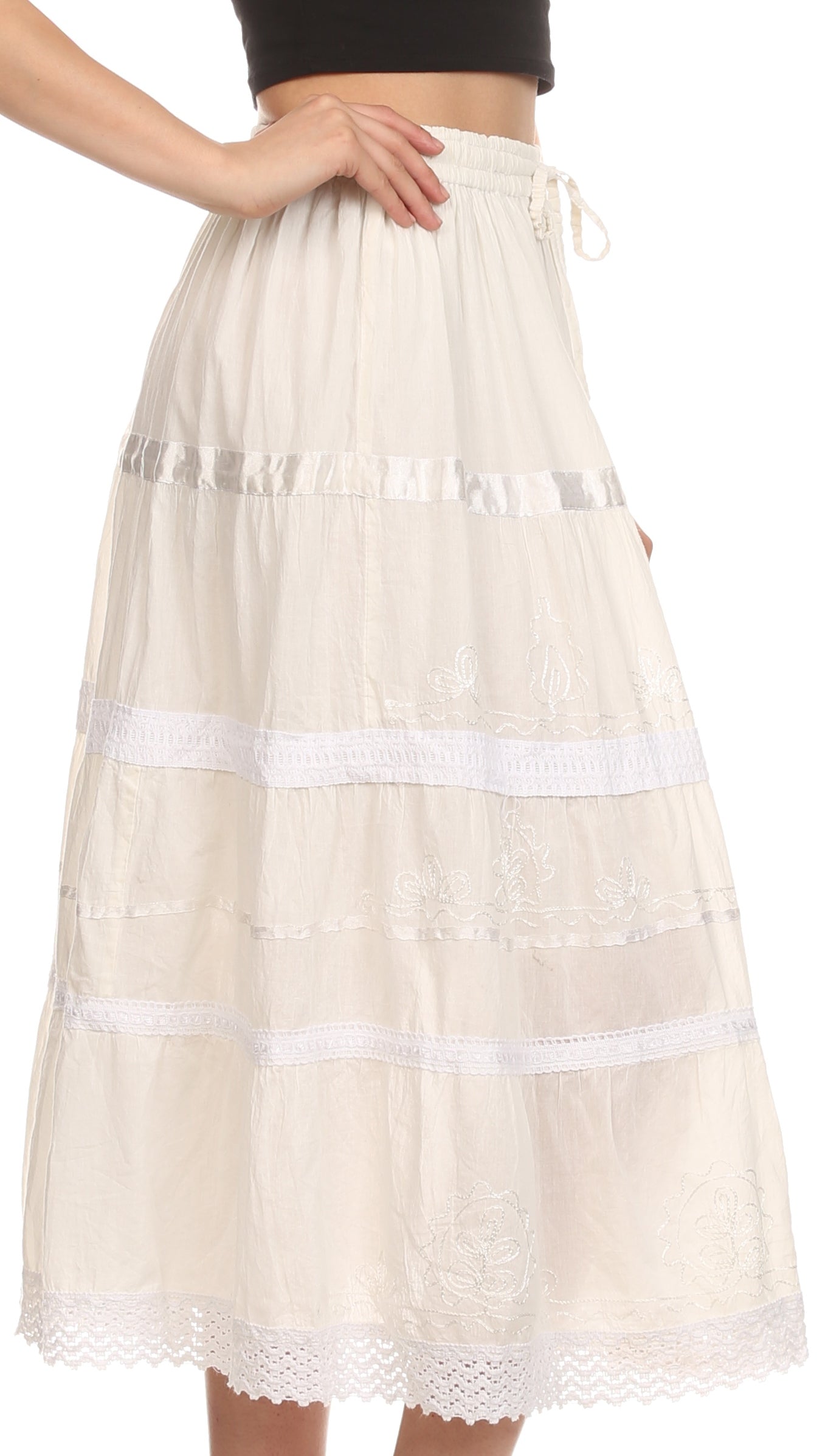 Sakkas - Solid Embroidered Gypsy / Bohemian Mid Length Cotton Skirt