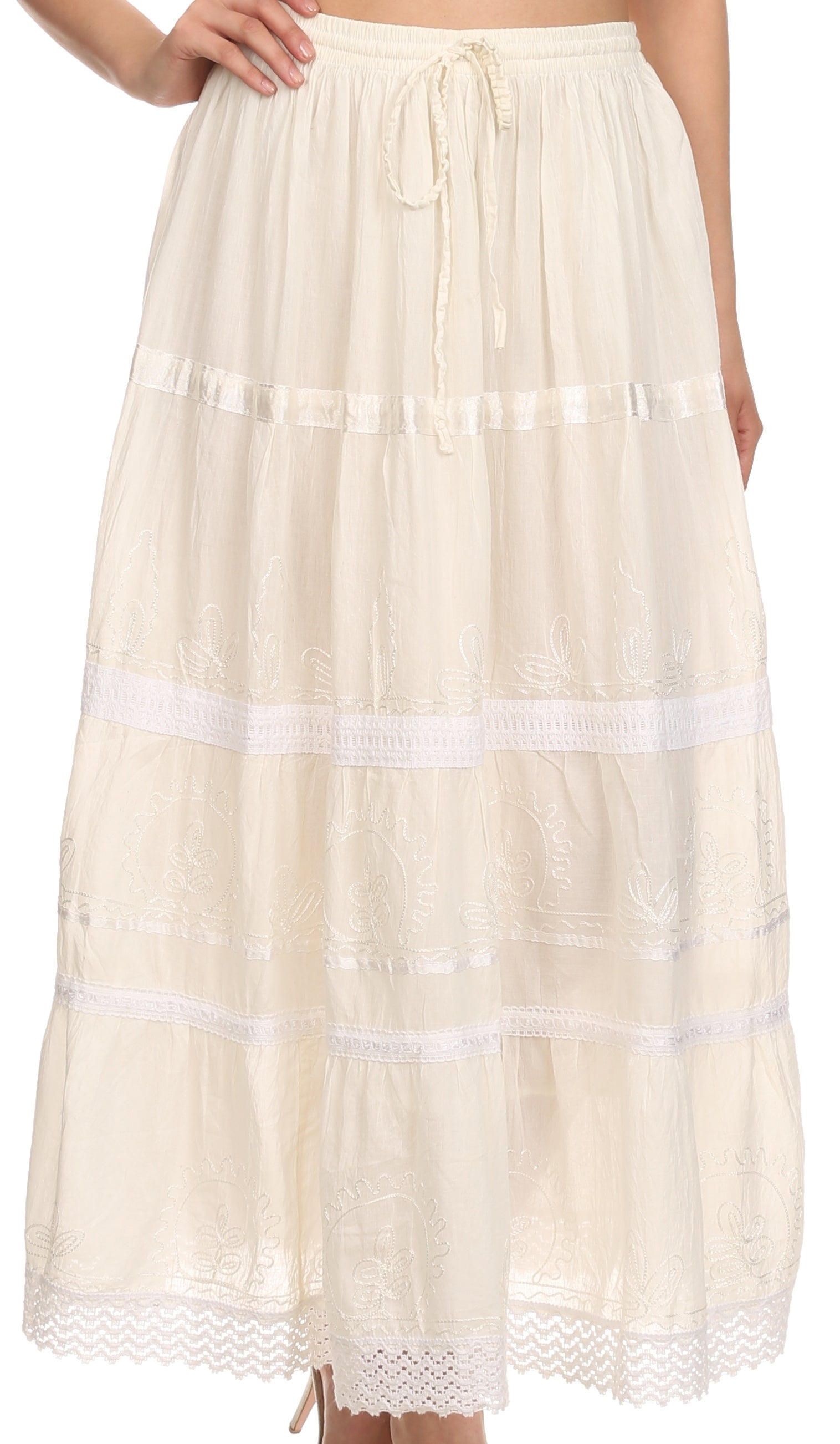 Sakkas - Solid Embroidered Gypsy / Bohemian Mid Length Cotton Skirt