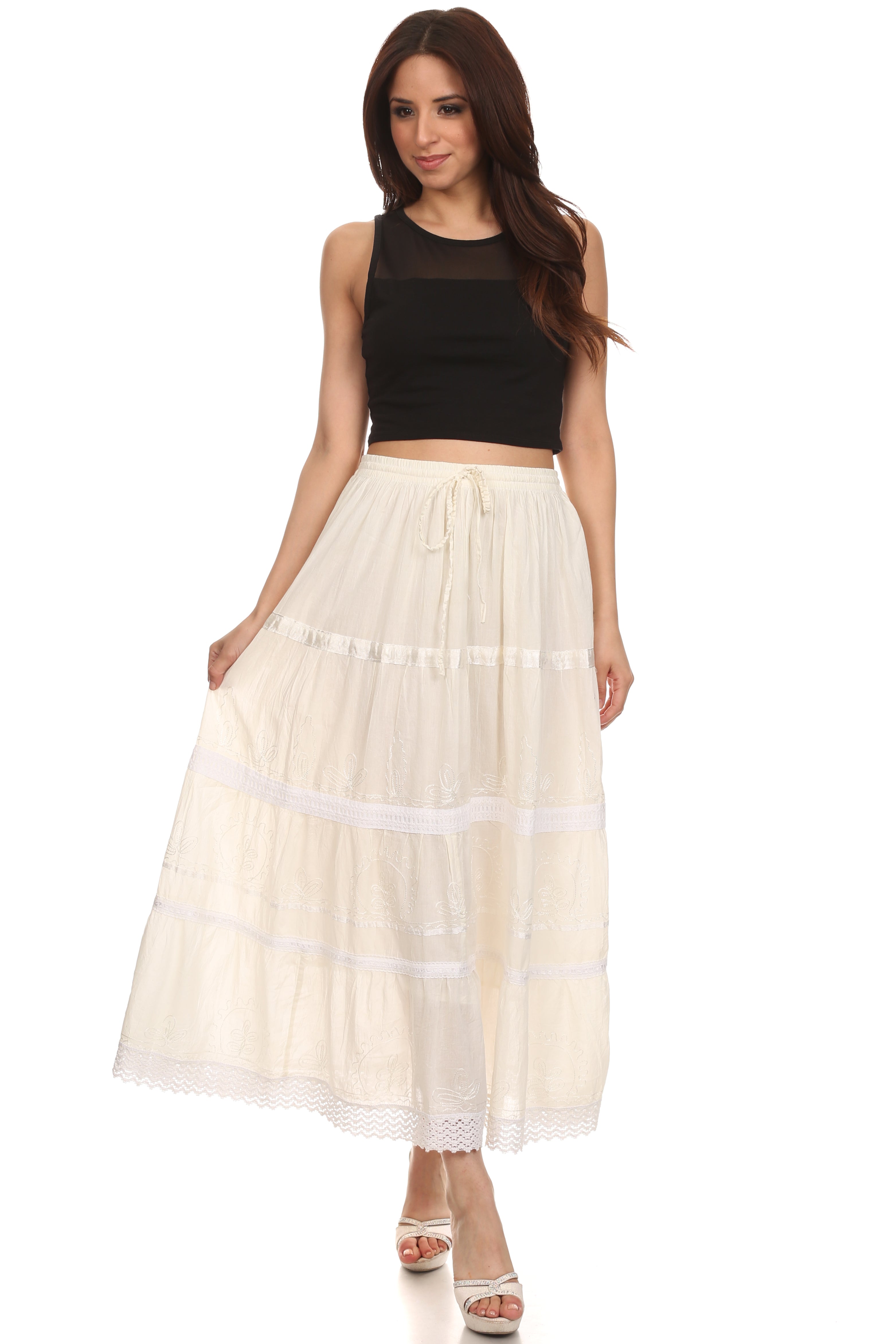 Sakkas - Solid Embroidered Gypsy / Bohemian Mid Length Cotton Skirt