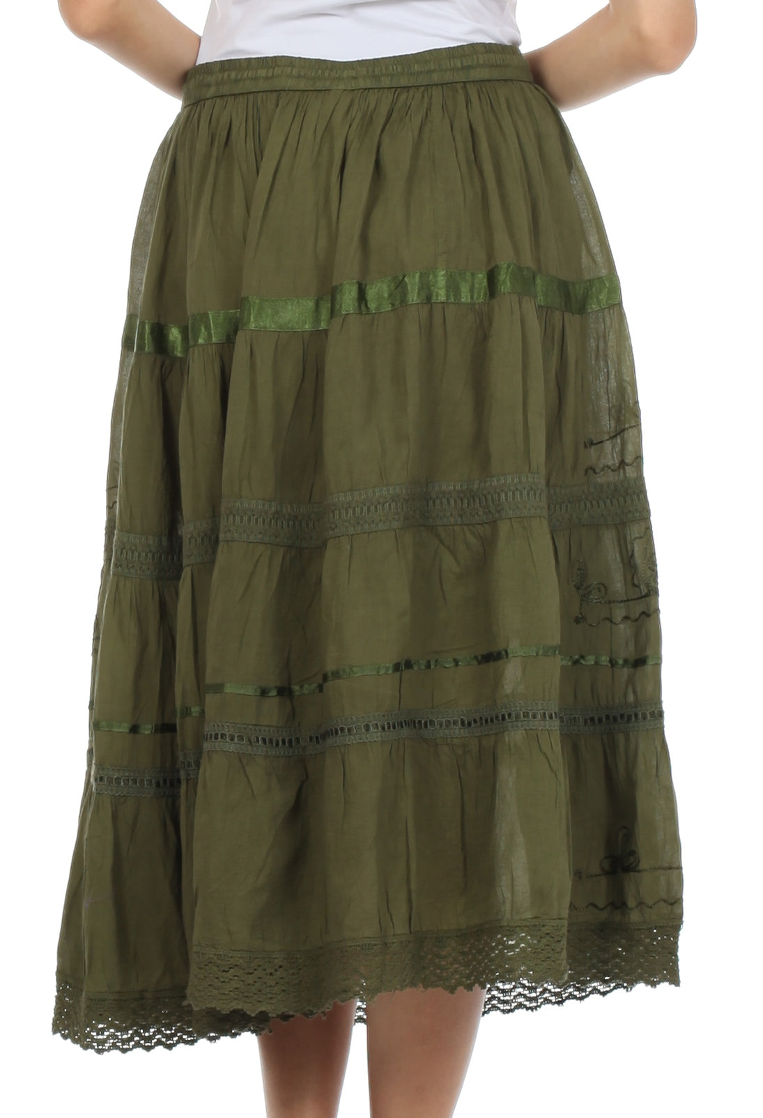 Sakkas - Solid Embroidered Gypsy / Bohemian Mid Length Cotton Skirt