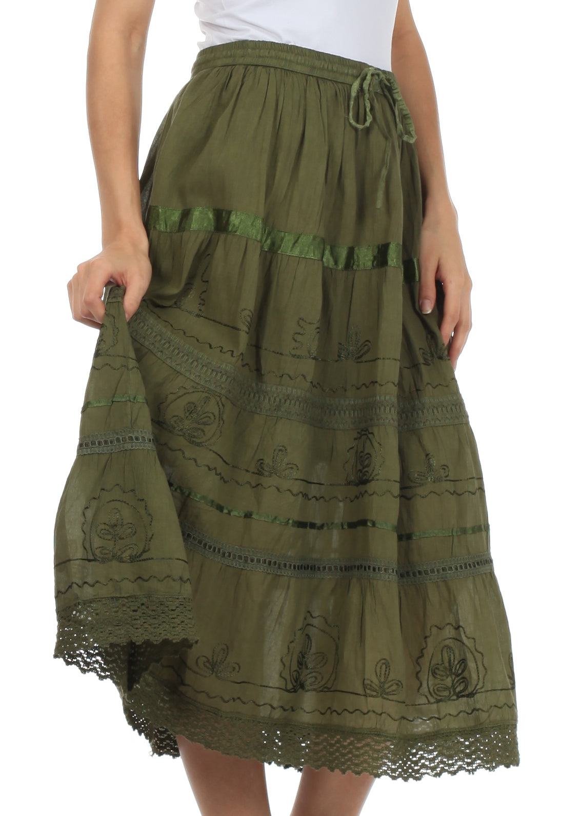 Sakkas - Solid Embroidered Gypsy / Bohemian Mid Length Cotton Skirt