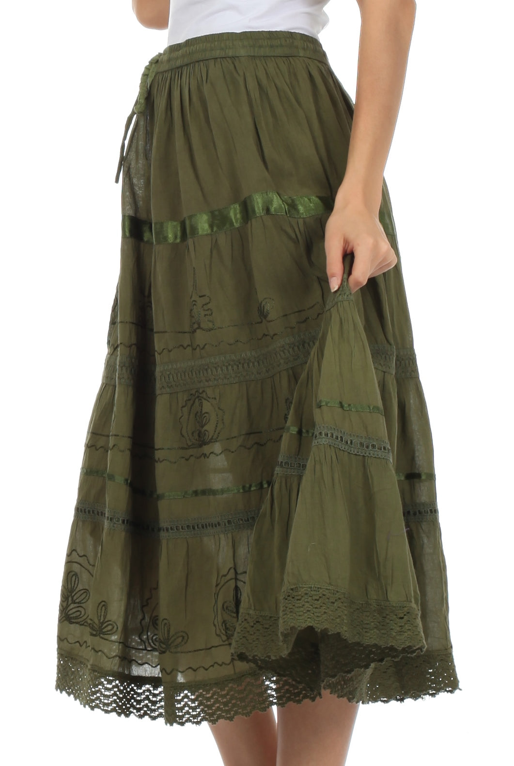 Sakkas - Solid Embroidered Gypsy / Bohemian Mid Length Cotton Skirt