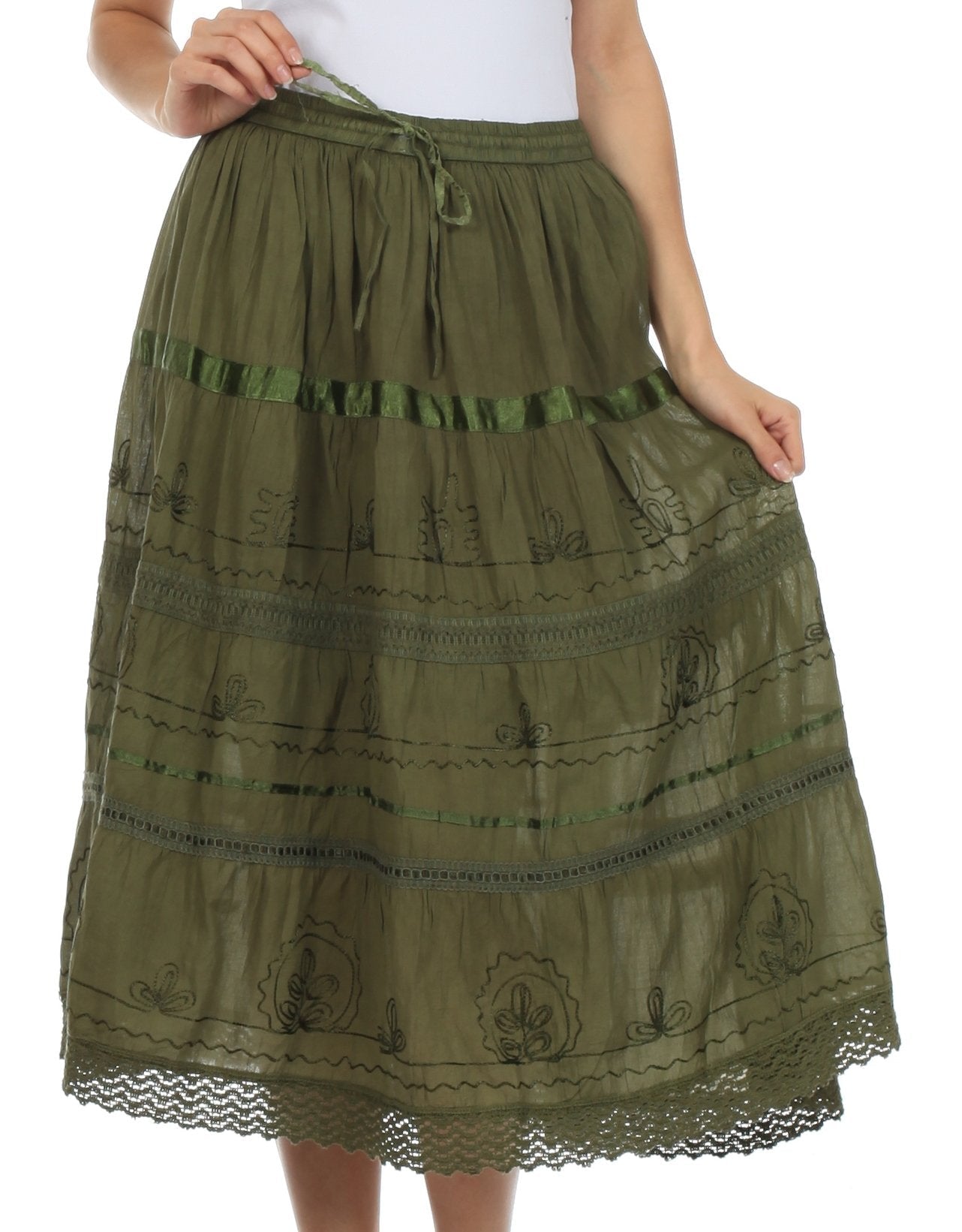 Sakkas - Solid Embroidered Gypsy / Bohemian Mid Length Cotton Skirt