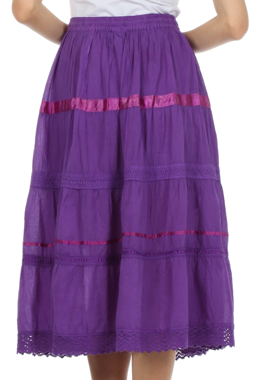 Sakkas - Solid Embroidered Gypsy / Bohemian Mid Length Cotton Skirt